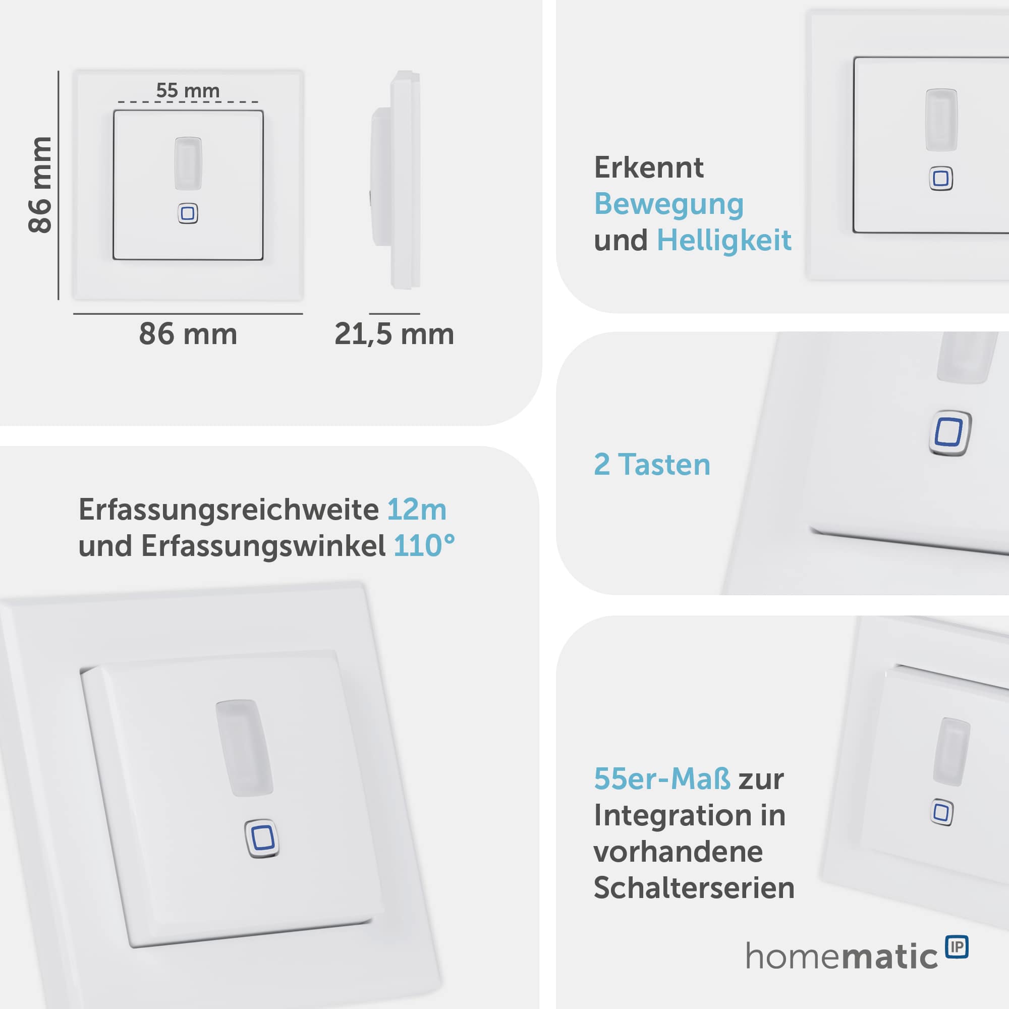 HOMEMATIC IP 156242A0 Bewegungsmelder für 55er Rahmen, innen HOMEMATIC IP 156242A0 Bewegungsmelder für 55er Rahmen, innen