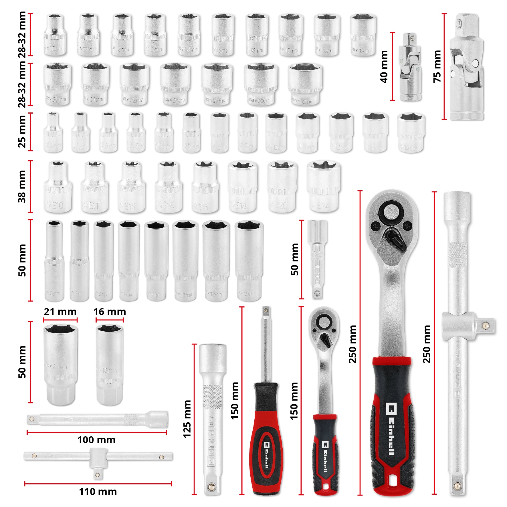 EINHELL E-Case-Einleger Stecknüsse und Ratschen, 370520, 60-teilig EINHELL E-Case-Einleger Stecknüsse und Ratschen, 370520, 60-teilig