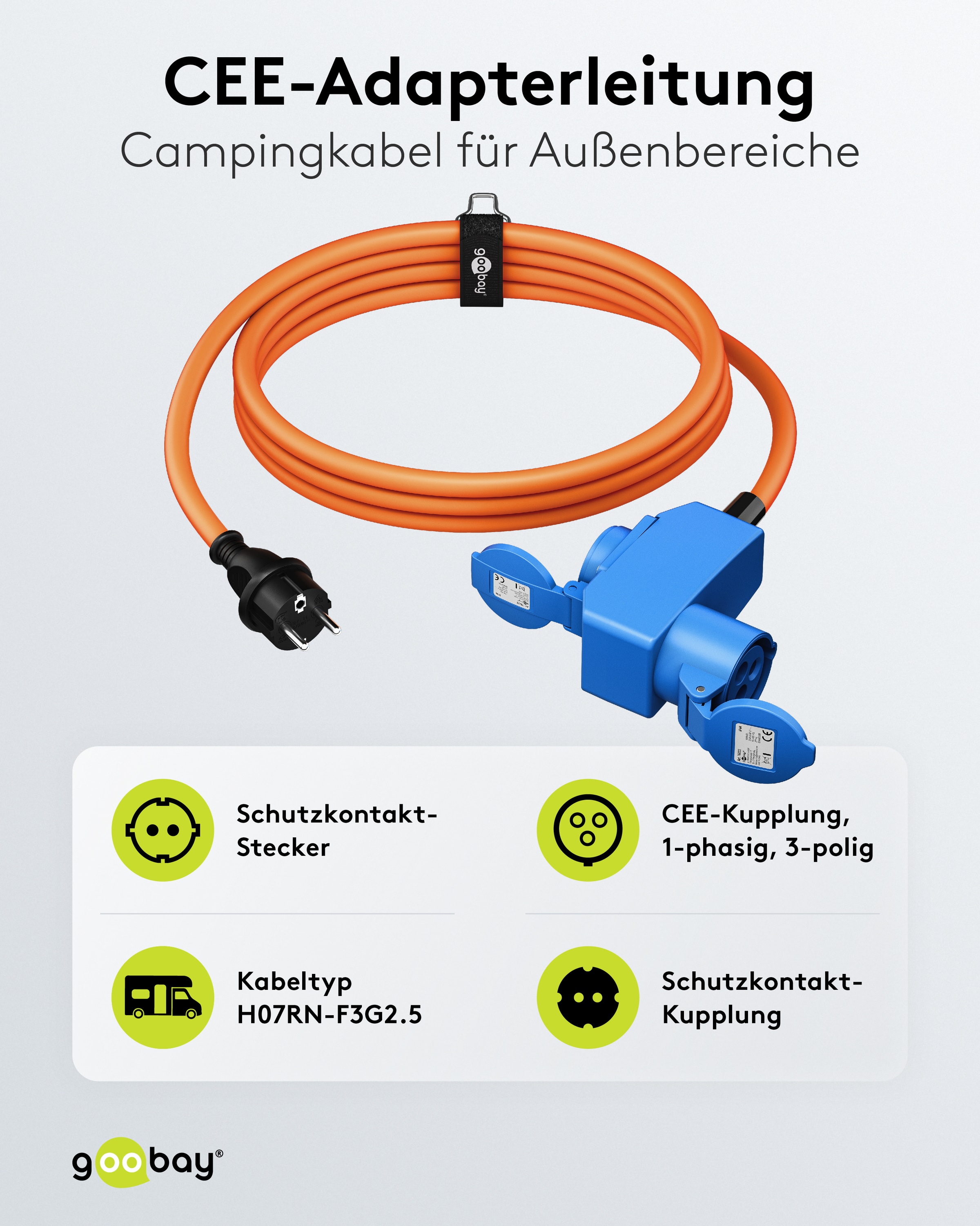 GOOBAY CEE-Adapterkabel 76222, 1,5 m, Schutzkontakt Stecker zu CEE-+ SK.-Kupplung GOOBAY CEE-Adapterkabel 76222, 1,5 m, Schutzkontakt Stecker zu CEE-+ SK.-Kupplung