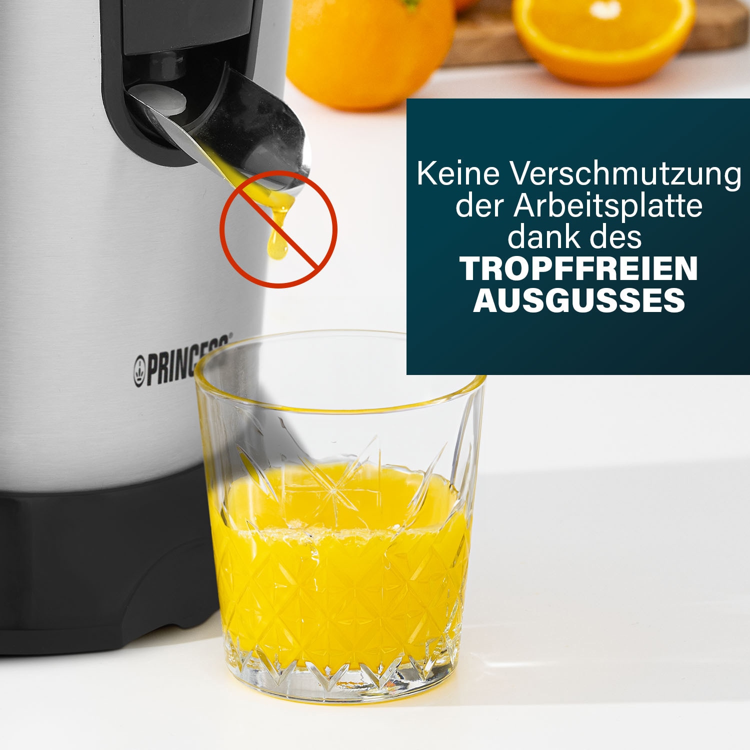 PRINCESS Edelstahl-Zitrusfruchtpresse, 2 Presskegel, mit Filter, 100 W PRINCESS Edelstahl-Zitrusfruchtpresse, 2 Presskegel, mit Filter, 100 W