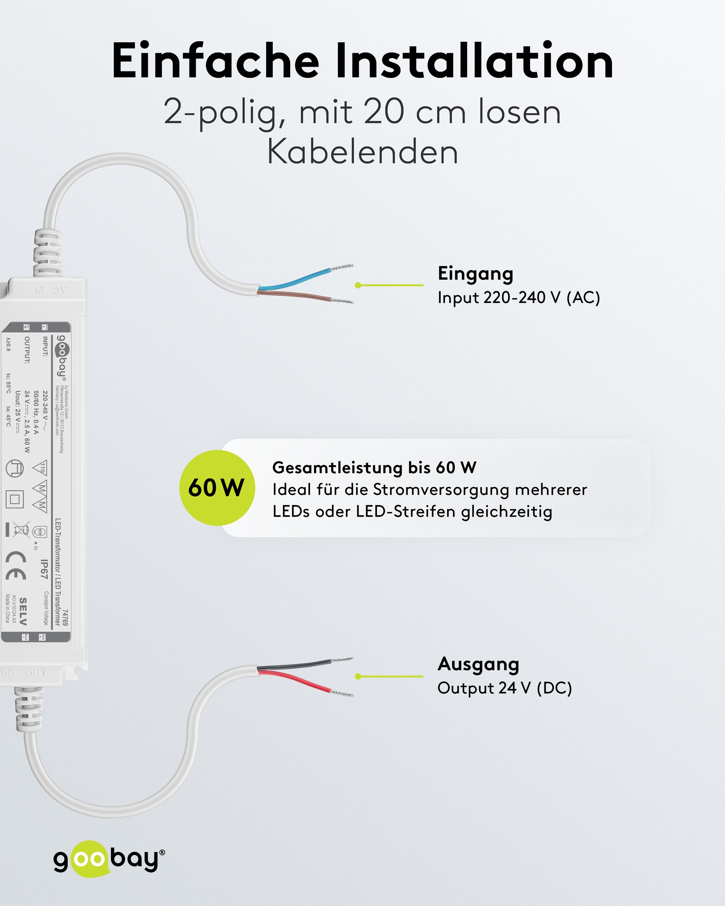 GOOBAY Wetterfester LED-Trafo 24V DC, 60W, 4.16 A, IP67 Wetterfester LED-Trafo GOOBAY 24V DC, 60W, 4.16 A, IP67