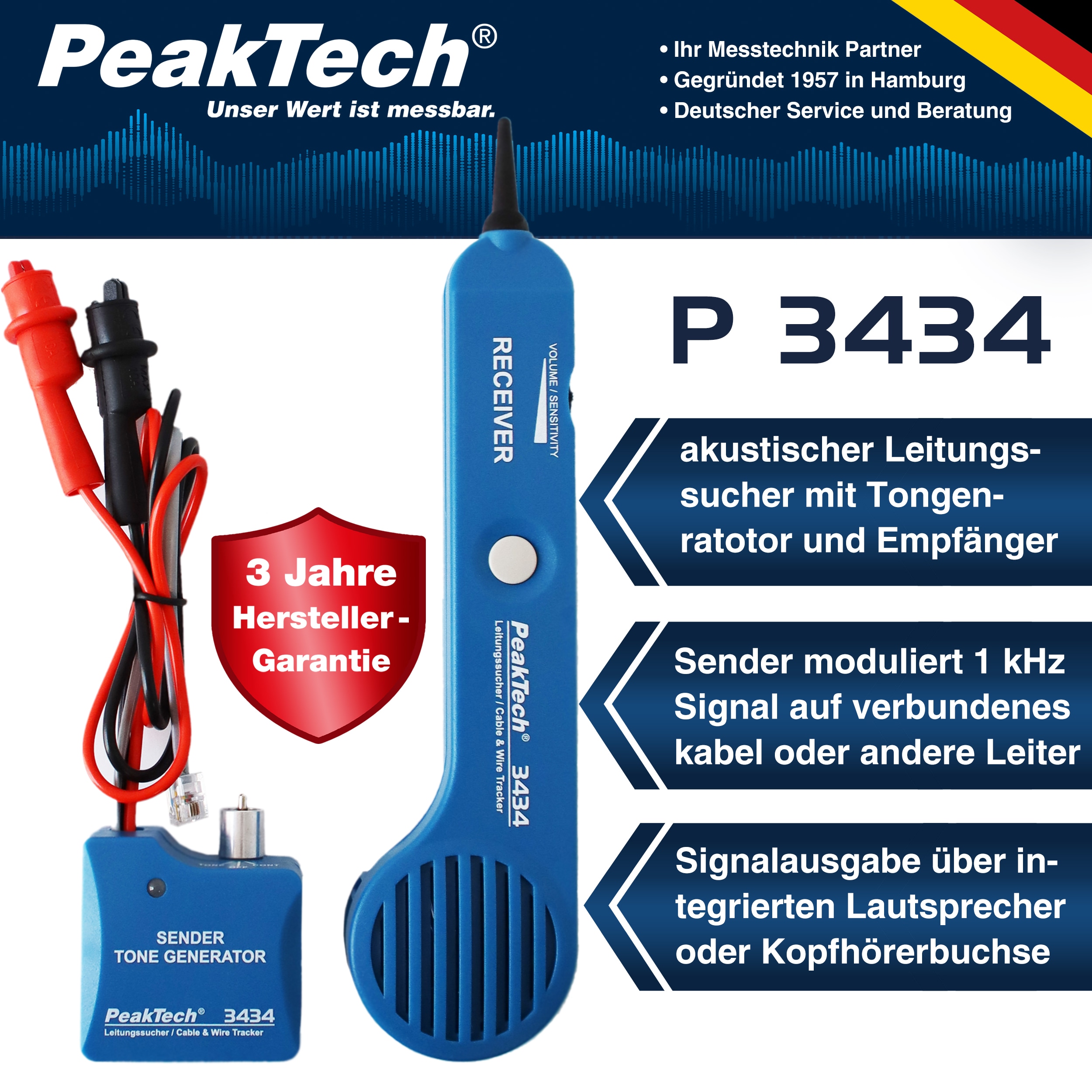 PEAKTECH Akustischer Leitungssucher, P 3434, mit Ton-Generator PEAKTECH Akustischer Leitungssucher, P 3434, mit Ton-Generator