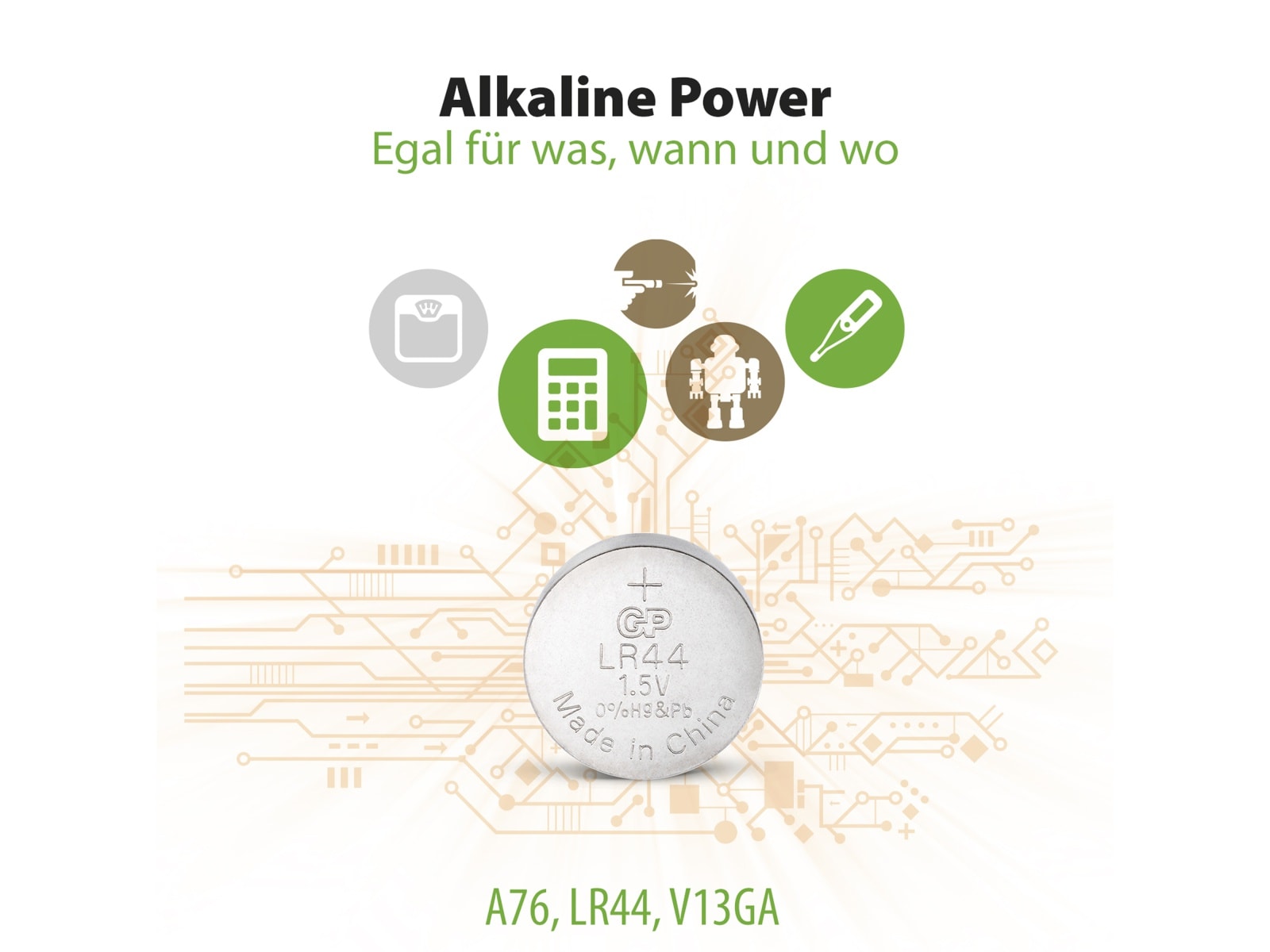 GP Knopfzelle LR44, Alkaline, 1,5 V-, 2 Stück GP Knopfzelle LR44, Alkaline, 1,5 V-, 2 Stück