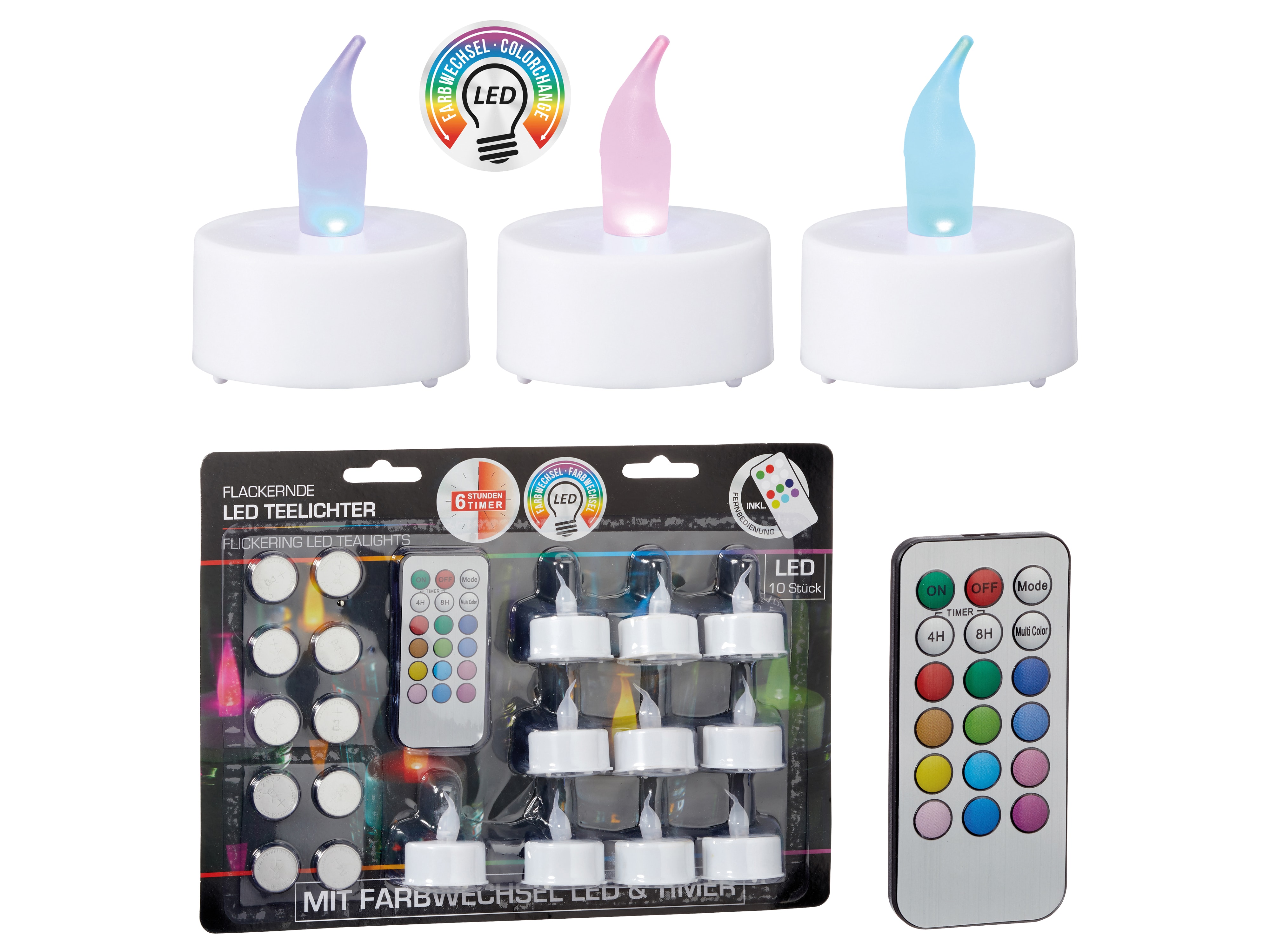 LED-Teelichte, 10 Stück, Ø 4 cm, mit Farbwechsel und Fernbedienung LED-Teelichte, 10 Stück, Ø 4 cm, mit Farbwechsel und Fernbedienung