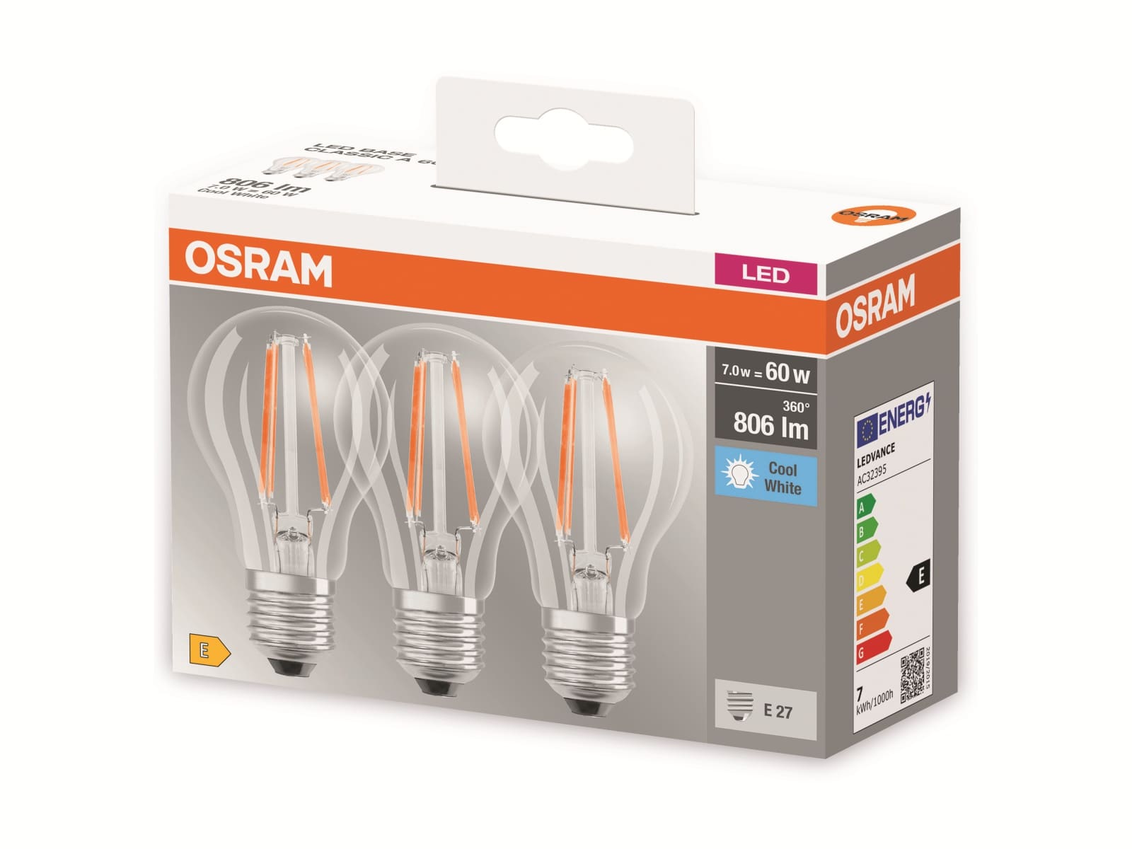OSRAM LED-Lampe BASE CLASSIC A60, E27, EEK: E, 6,5 W, 806 lm, 4000 K, 3 Stück OSRAM LED-Lampe BASE CLASSIC A60, E27, EEK: E, 6,5 W, 806 lm, 4000 K, 3 Stück