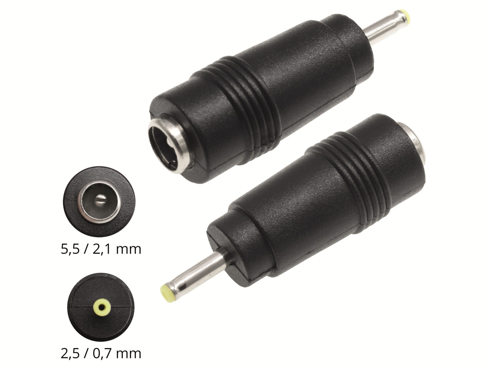 Hohlsteckeradapter, 5,5/2,1 Hohlkupplung auf 2,5/0,7 Hohlstecker Hohlsteckeradapter, 5,5/2,1 Hohlkupplung auf 2,5/0,7 Hohlstecker