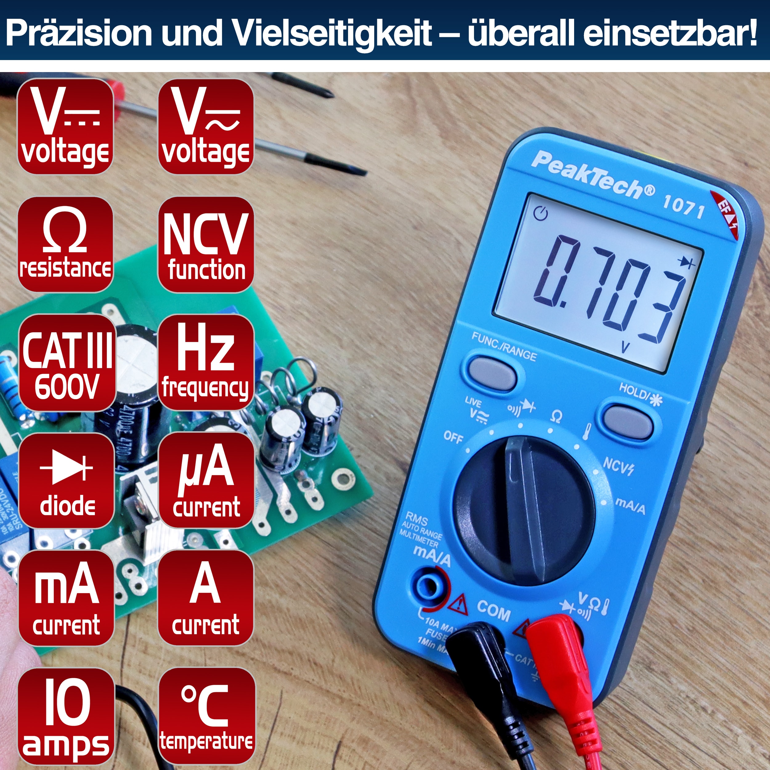 PEAKTECH Multimeter, P 1071, 600 V AC/DC, NCV PEAKTECH Multimeter, P 1071, 600 V AC/DC, NCV
