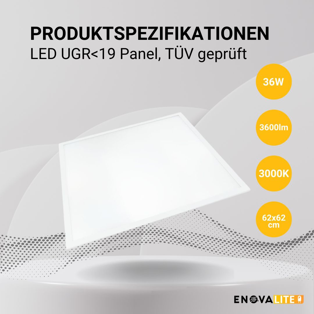 ENOVALITE LED-Panel, 36 W, 3600 lm, EEK: F, 620x620 mm, 3000 K, 90° Abstrahlwinkel, UGR >19