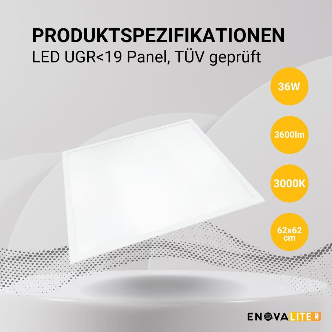 ENOVALITE LED-Panel, 36 W, 3600 lm, EEK: F, 620x620 mm, 3000 K, 90° Abstrahlwinkel, UGR >19 ENOVALITE LED-Panel, 36 W, 3600 lm, EEK: F, 620x620 mm, 3000 K, 90° Abstrahlwinkel, UGR >19