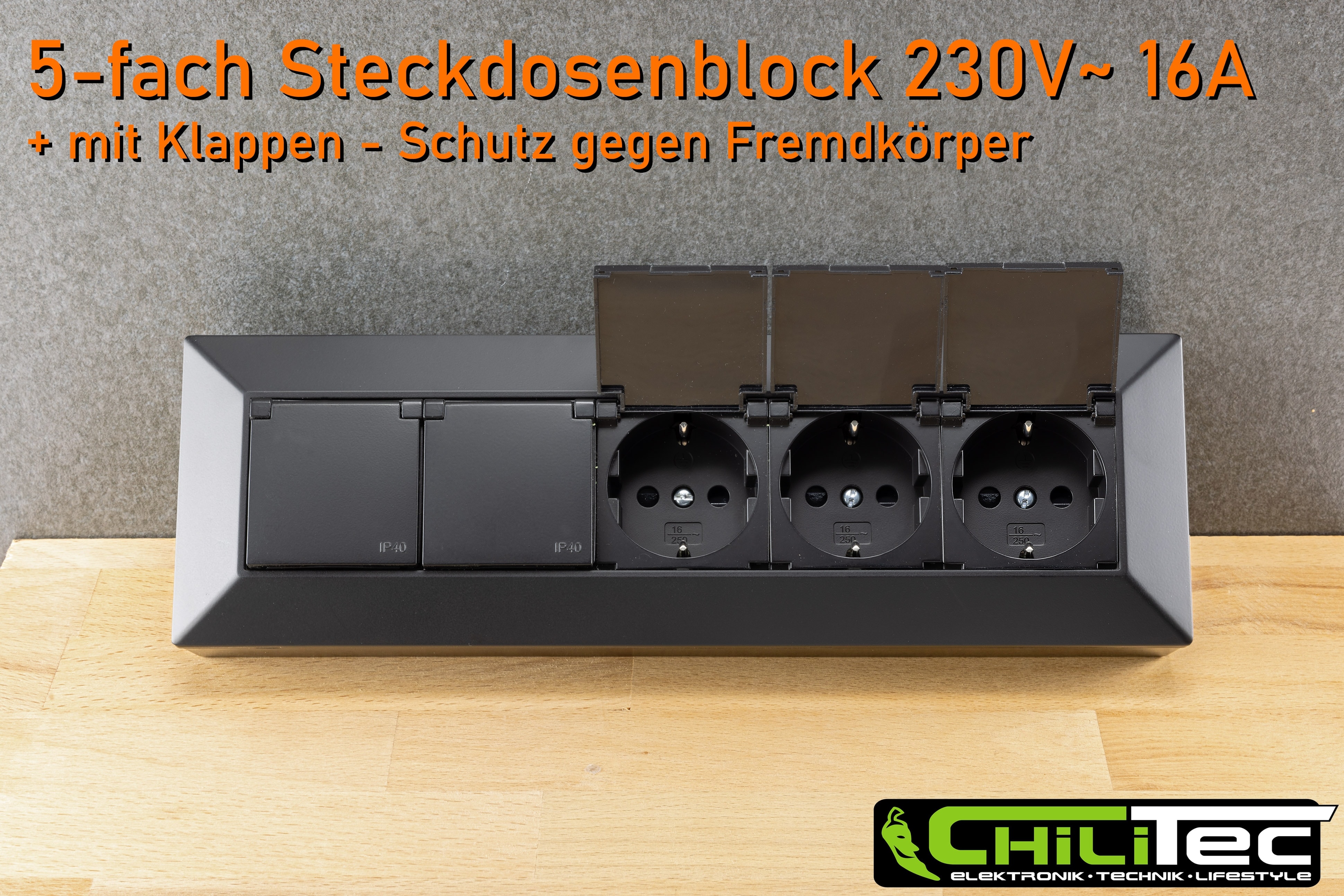 CHILITEC Steckdosenblock 23943, 5-fach, mit Schutzklappen, 250V/16A, schwarz CHILITEC Steckdosenblock 23943, 5-fach, mit Schutzklappen, 250V/16A, schwarz