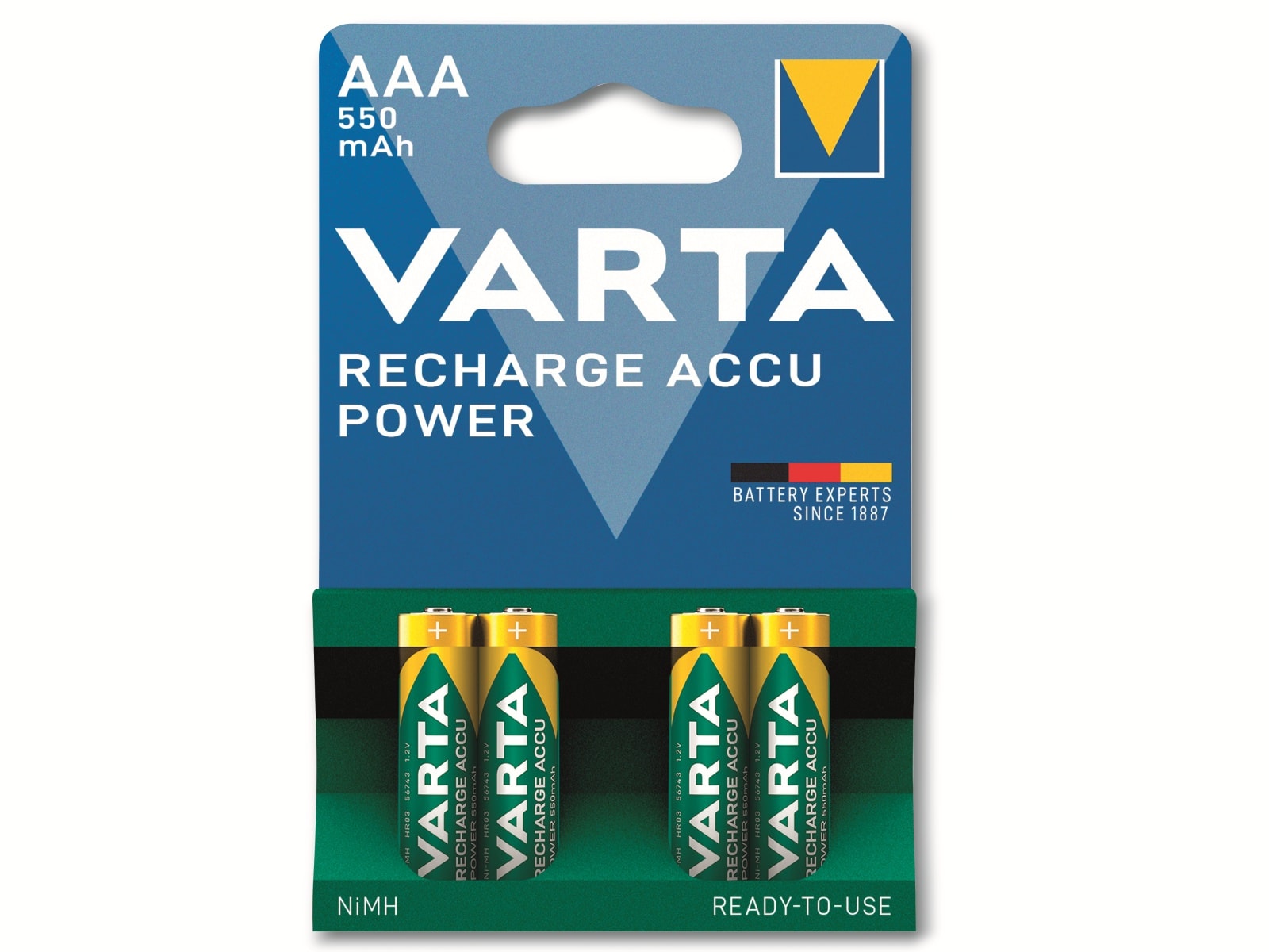 VARTA Akku NiMH, Micro, AAA, HR03, 1.2V/550mAh, Accu Power, Pre-charged, 4er Pack VARTA Akku NiMH, Micro, AAA, HR03, 1.2V/550mAh, Accu Power, Pre-charged, 4er Pack