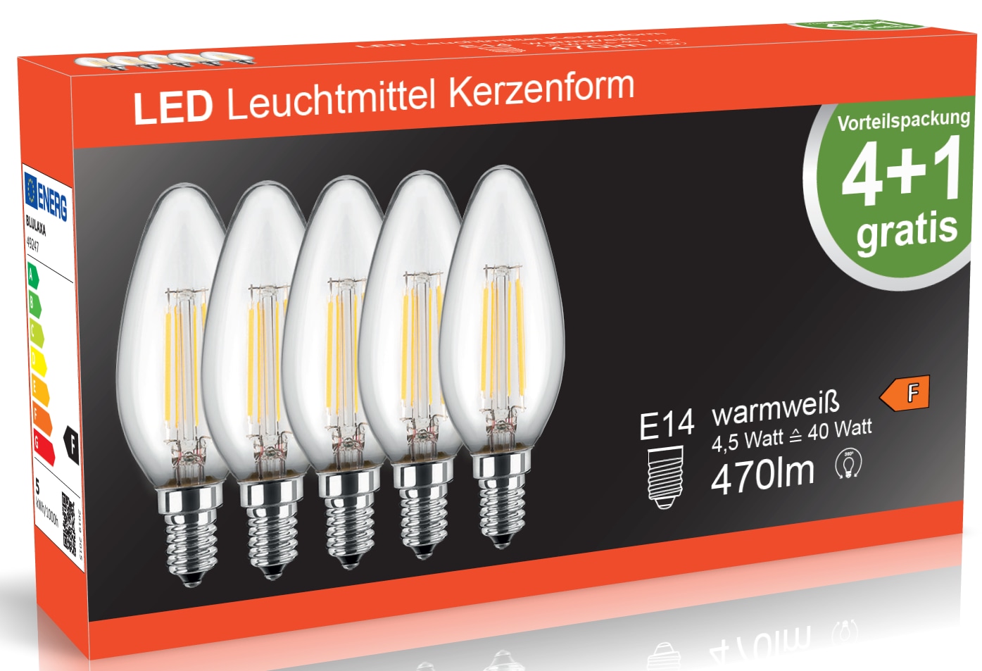 BLULAXA LED-Filament-Lampe, C35, EEK: F, E14, 4,5 W, 470 lm, 2700 K, 5 Stück BLULAXA LED-Filament-Lampe, C35, EEK: F, E14, 4,5 W, 470 lm, 2700 K, 5 Stück