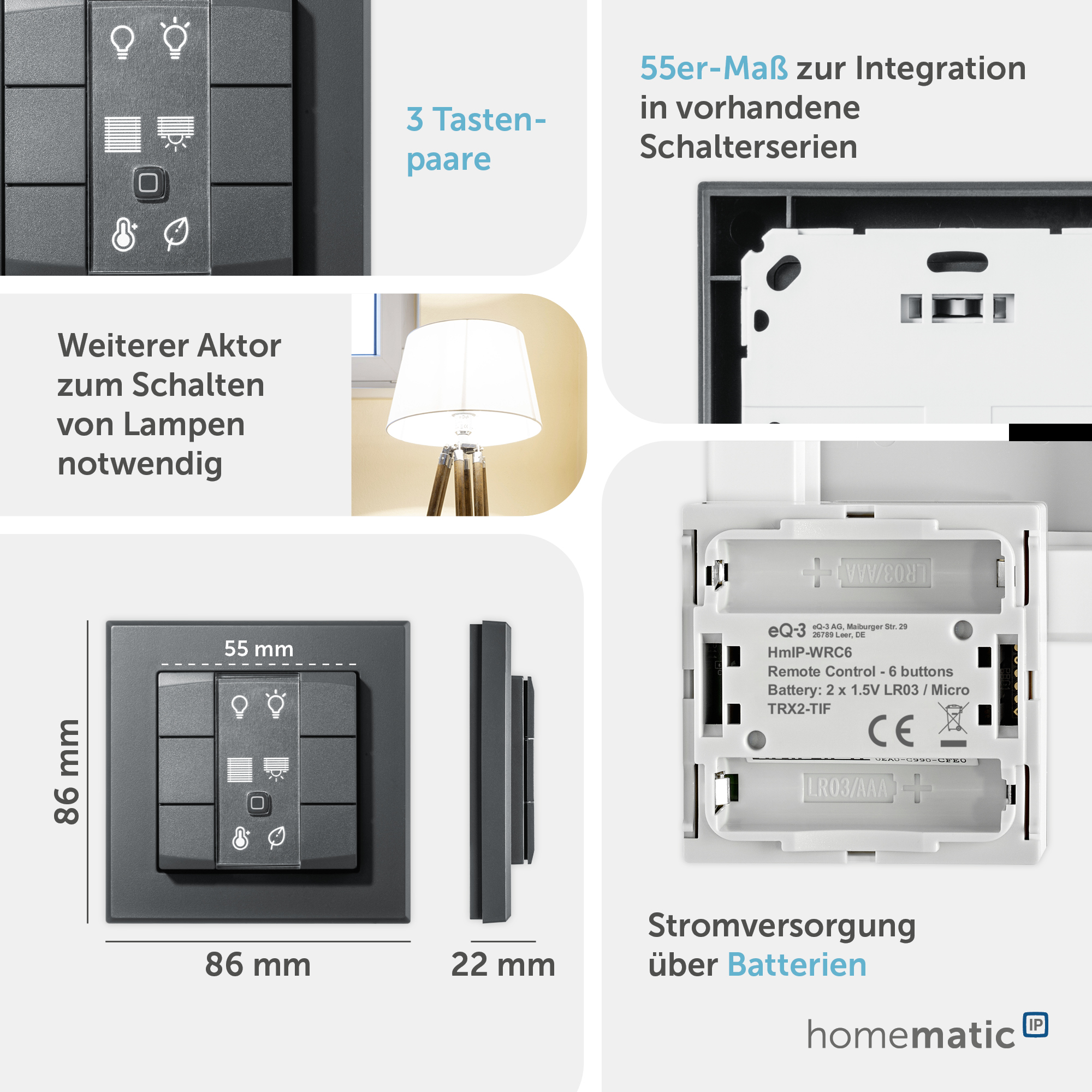 HOMEMATIC IP 159828A0, Wandtaster 6-fach, anthrazit HOMEMATIC IP 159828A0, Wandtaster 6-fach, anthrazit