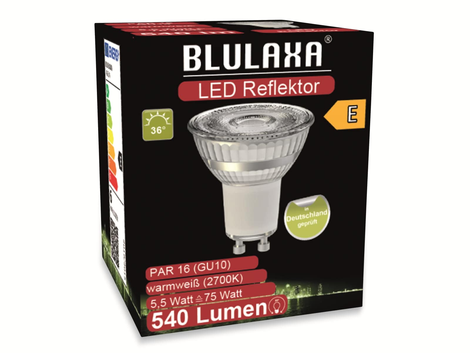 BLULAXA LED-SMD-Lampe, PAR16, GU10, EEK: E, 5,5 W, 540 lm, 2700 K BLULAXA LED-SMD-Lampe, PAR16, GU10, EEK: E, 5,5 W, 540 lm, 2700 K