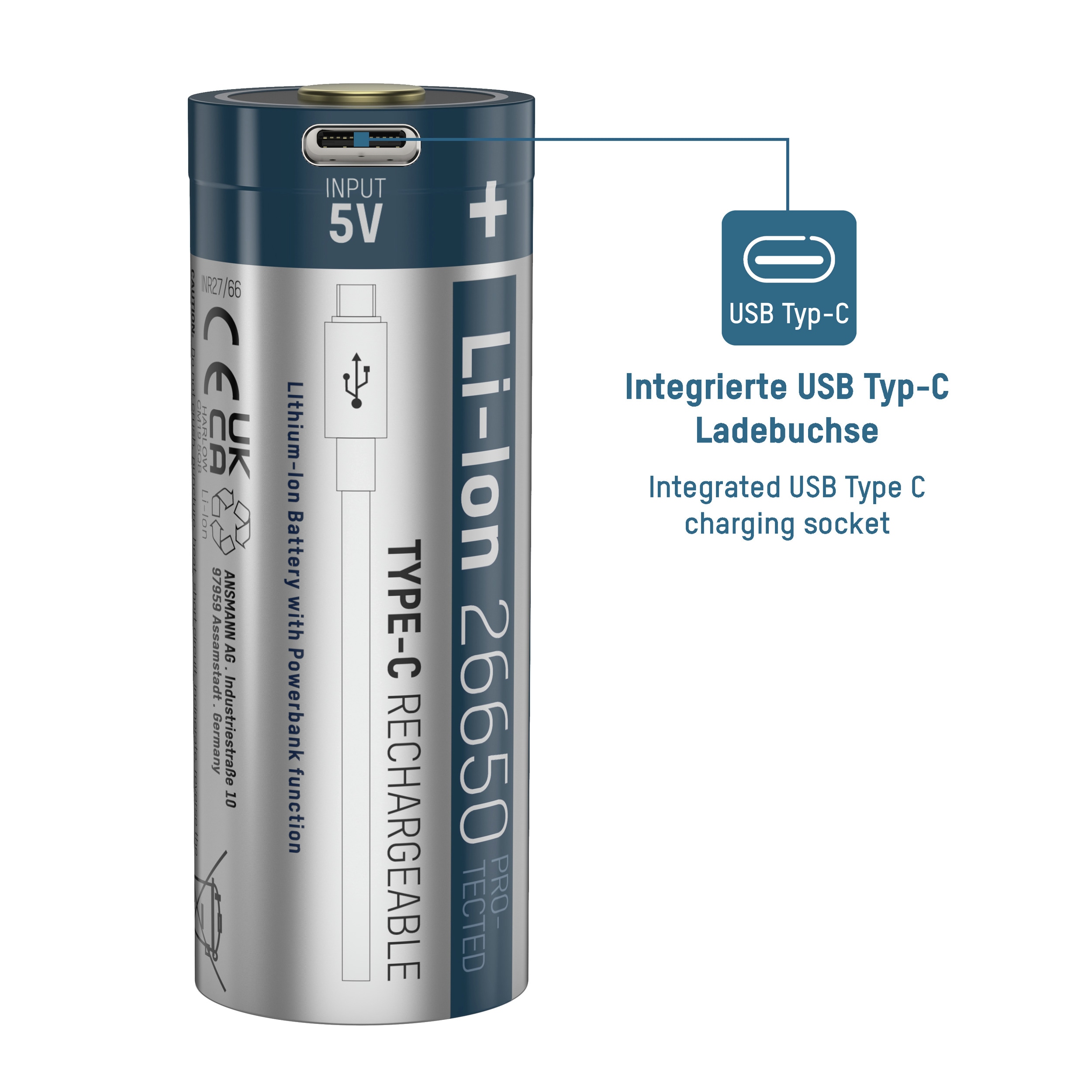 ANSMANN Li-Ion-Spezial-Akku 26650, 3,6 V, 5100mAh, mit USB-C Ladebuchse ANSMANN Li-Ion-Spezial-Akku 26650, 3,6 V, 5100mAh, mit USB-C Ladebuchse