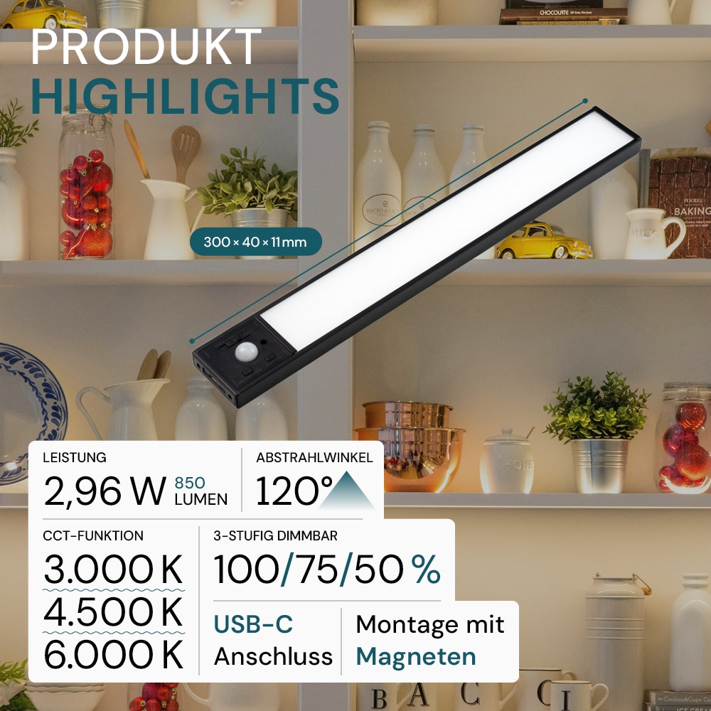 LUXULA LED-Schrankleuchte mit Bewegungsmelder, 2,96W, 110lm, CCT, IP20, schwarz, 30cm LUXULA LED-Schrankleuchte mit Bewegungsmelder, 2,96W, 850lm, CCT, IP20, schwarz, 30cm