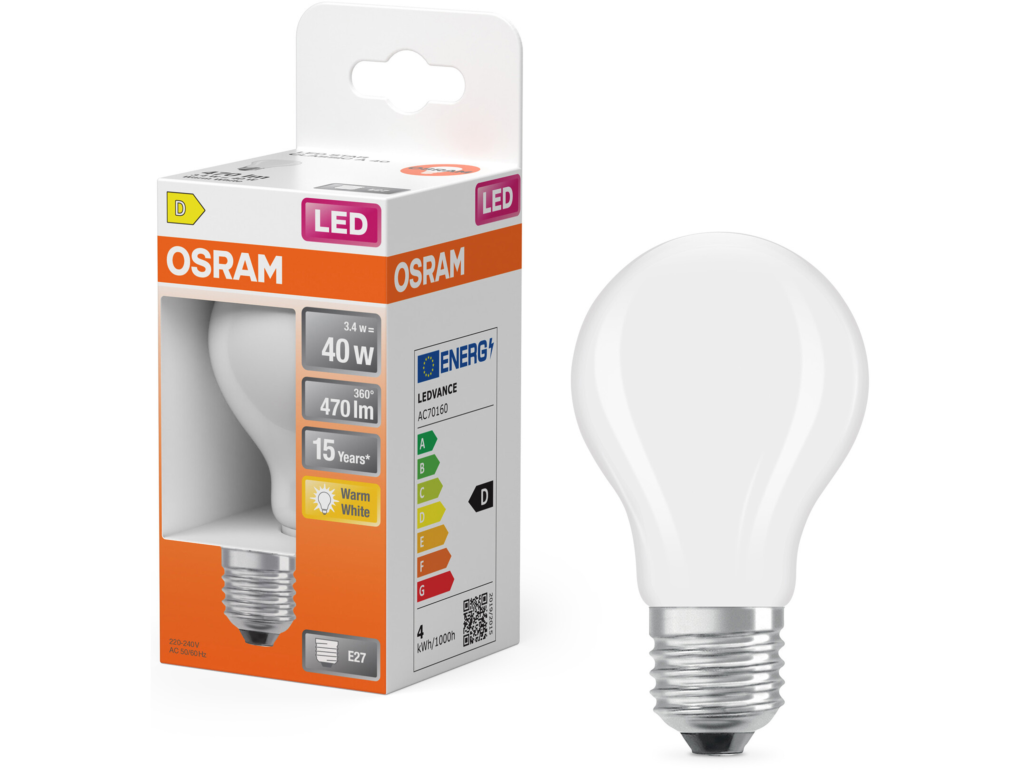 OSRAM LED-Lampe Retrofit, 3,4 W, E27, 2700 K, EEK: D, 470 lm, warmweiß OSRAM LED-Lampe Retrofit, 3,4 W, E27, 2700 K, EEK: D, 470 lm, warmweiß