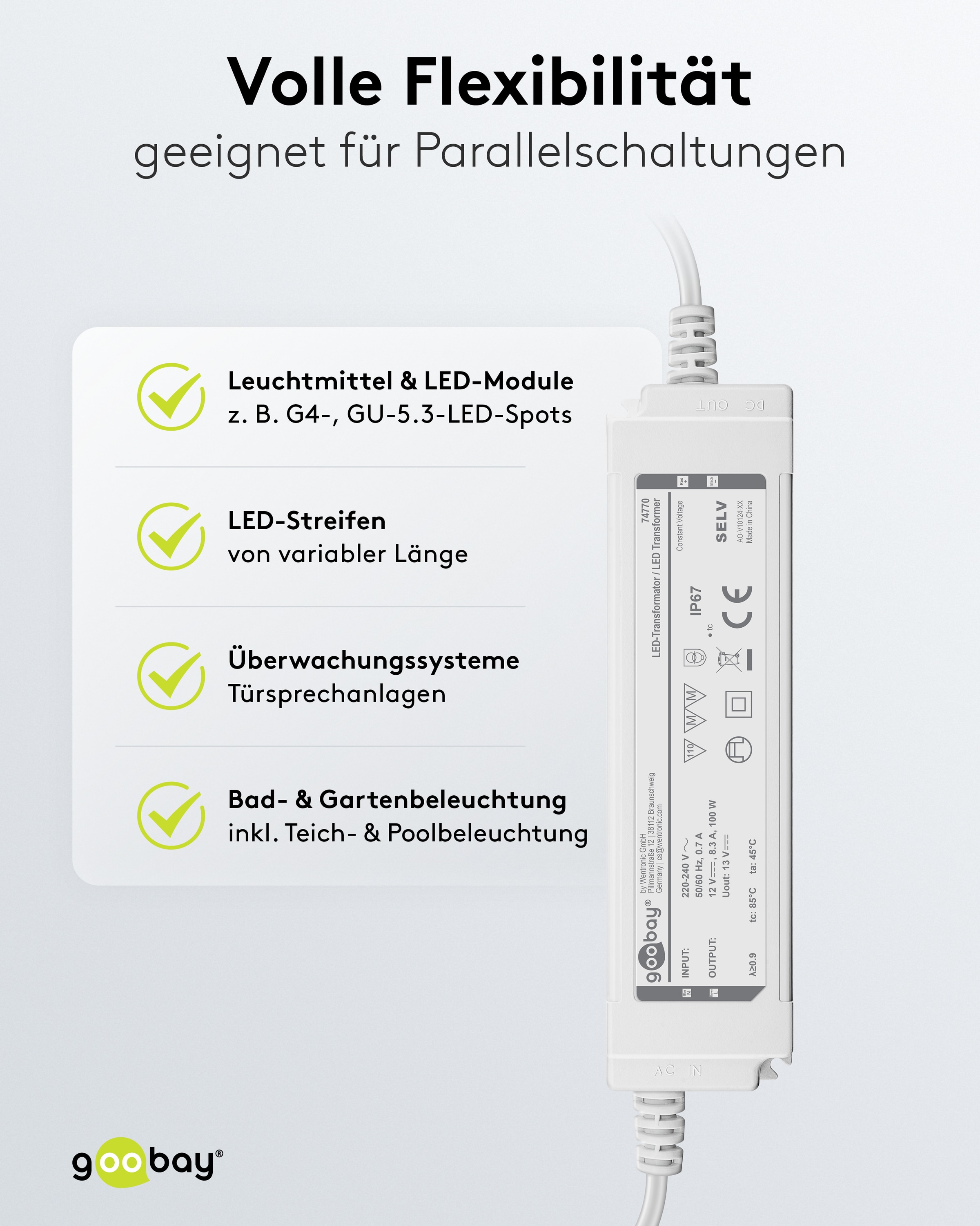 Wetterfester LED-Trafo GOOBAY 12V DC, 100W, 5 A, IP67