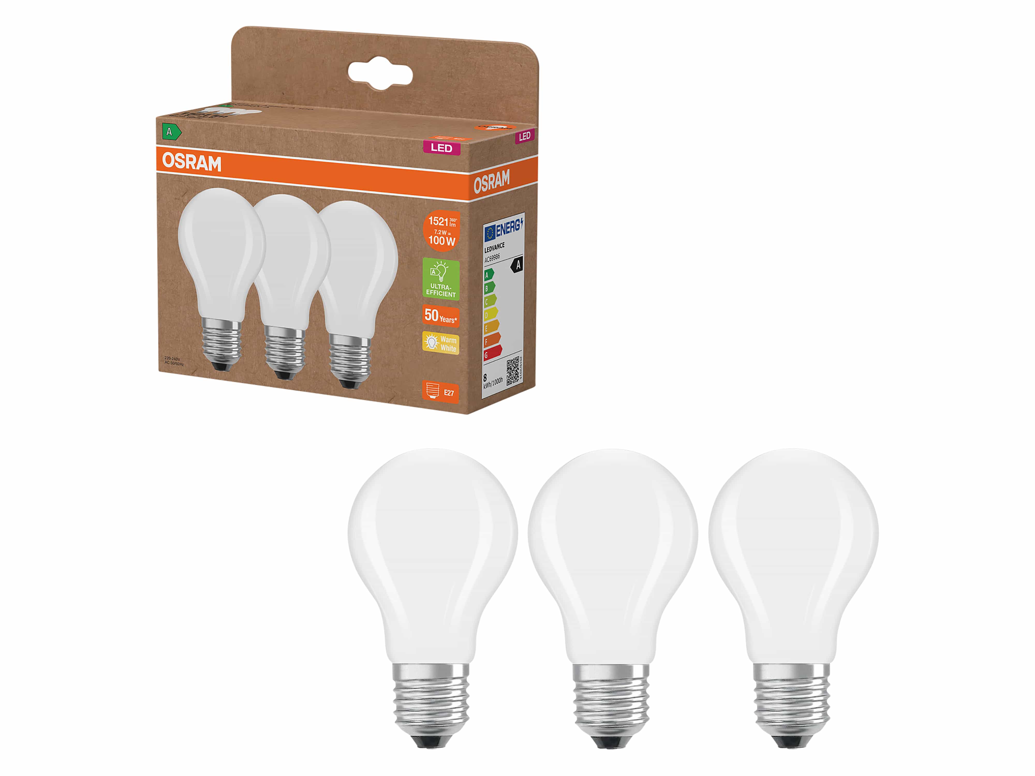OSRAM LED-Lampe, E27, 7,2W, 2700K, EEK: A, 1521lm, warmweiß, IP20, matt, 3 Stück OSRAM LED-Lampe, E27, 7,2W, 2700K, EEK: A, 1521lm, warmweiß, IP20, matt, 3 Stück