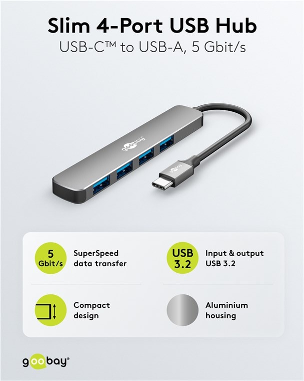 GOOBAY USB3.2 Hub 79157 Slim 4 Port USB-C auf USB-A 5 Gbit/s GOOBAY USB3.2 Hub 79157 Slim 4 Port USB-C auf USB-A 5 Gbit/s