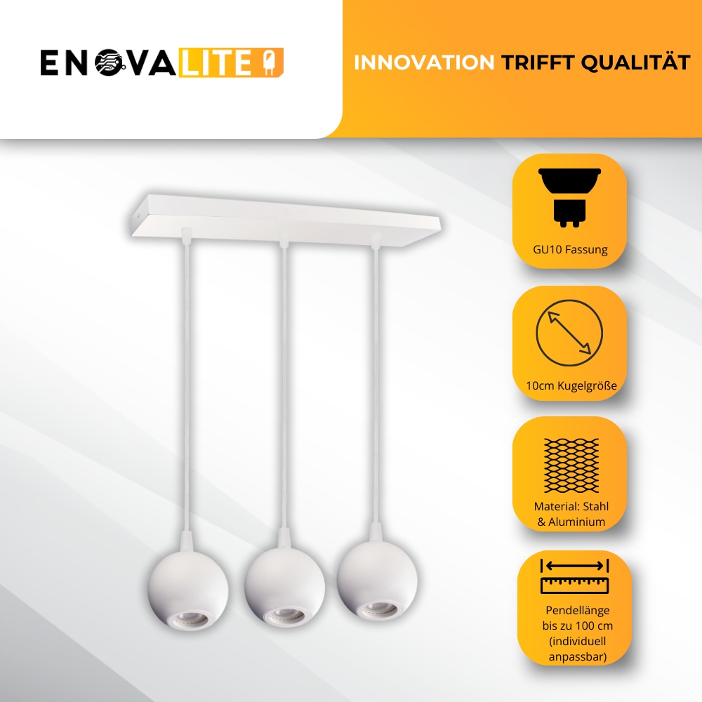 ENOVALITE LED-Pendellampe GLOBE, GU10-Fassung, IP20, Ø10cm, 3 flammig, weiß ENOVALITE LED-Pendellampe GLOBE, GU10-Fassung, IP20, Ø10cm, 3 flammig, weiß