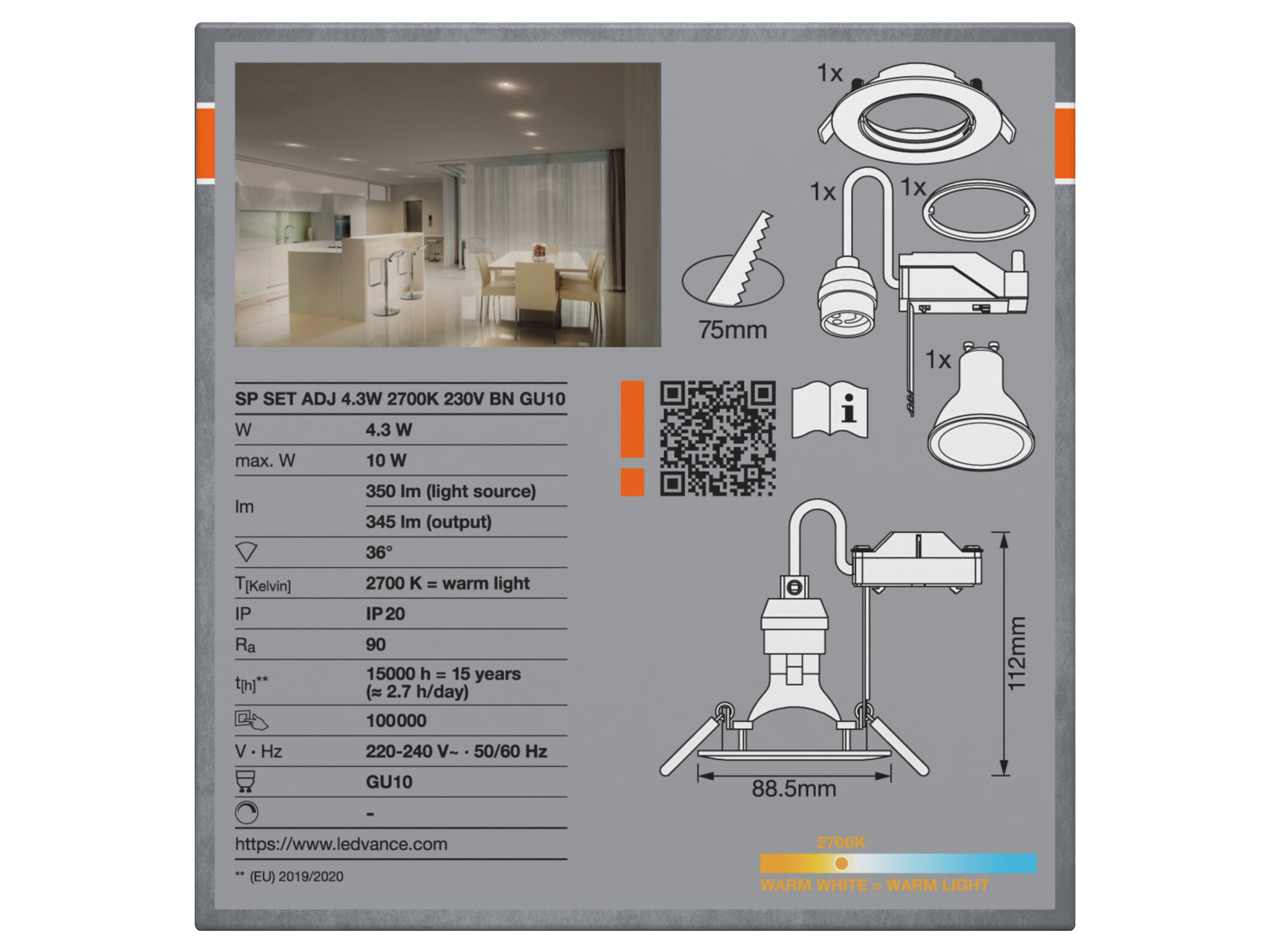 OSRAM Deckeneinbauleuchte, GU10, 4,3 W, 2700 K, IP20, mit Twistlock-System