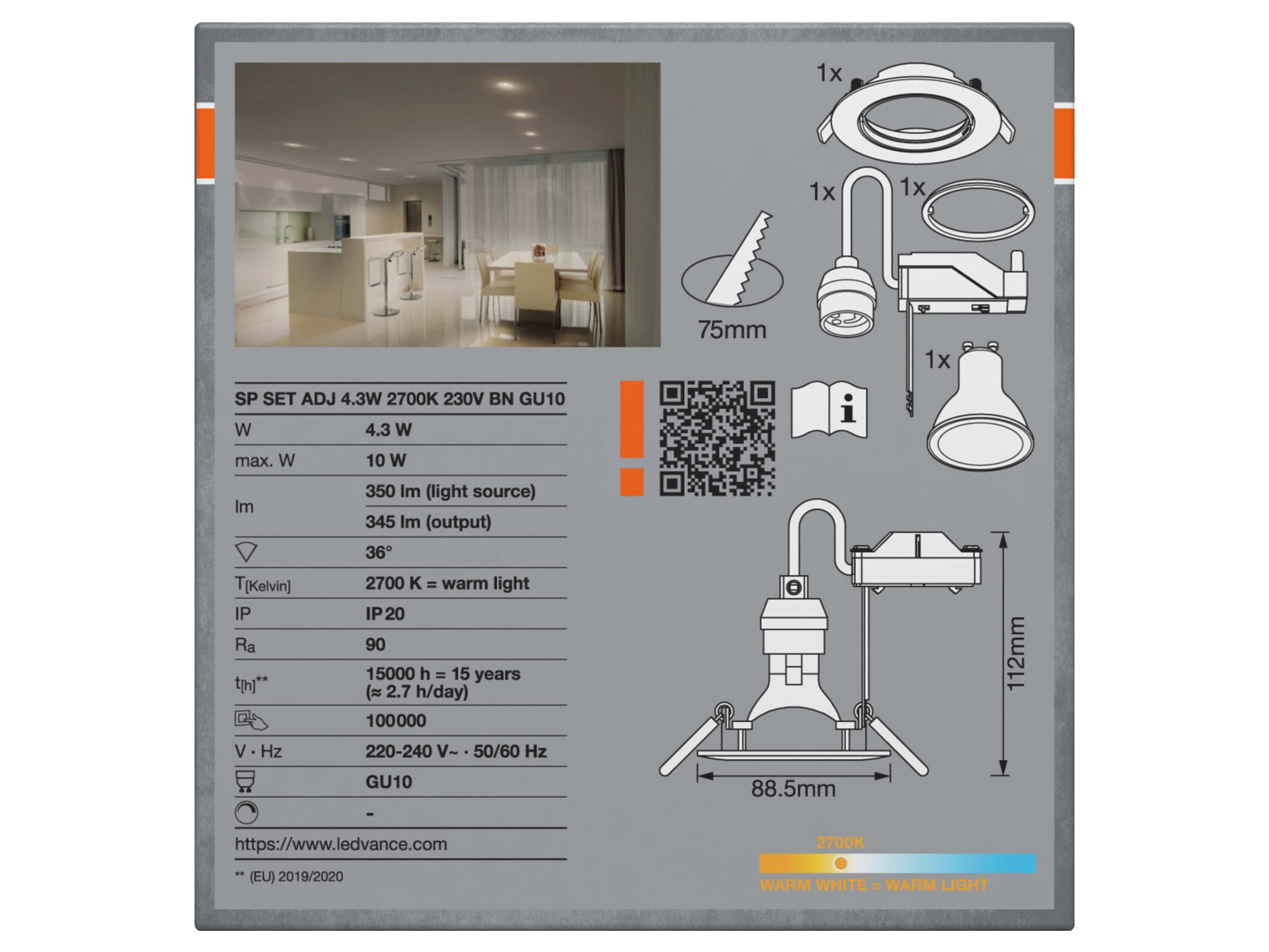 OSRAM Deckeneinbauleuchte, GU10, 4,3 W, 2700 K, IP20, mit Twistlock-System OSRAM Deckeneinbauleuchte, GU10, 4,3 W, 2700 K, IP20, mit Twistlock-System
