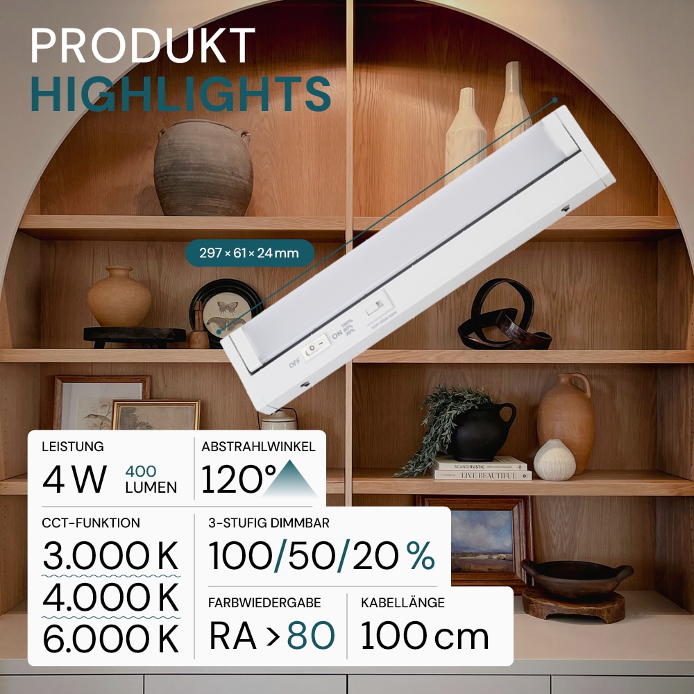 LUXULA LED-Unterbauleuchte, 4W, EEK: F, 400lm, CCT, IP20, dimmbar, weiß, 30 cm LUXULA LED-Unterbauleuchte, 4W, EEK: F, 400lm, CCT, IP20, dimmbar, weiß, 30 cm