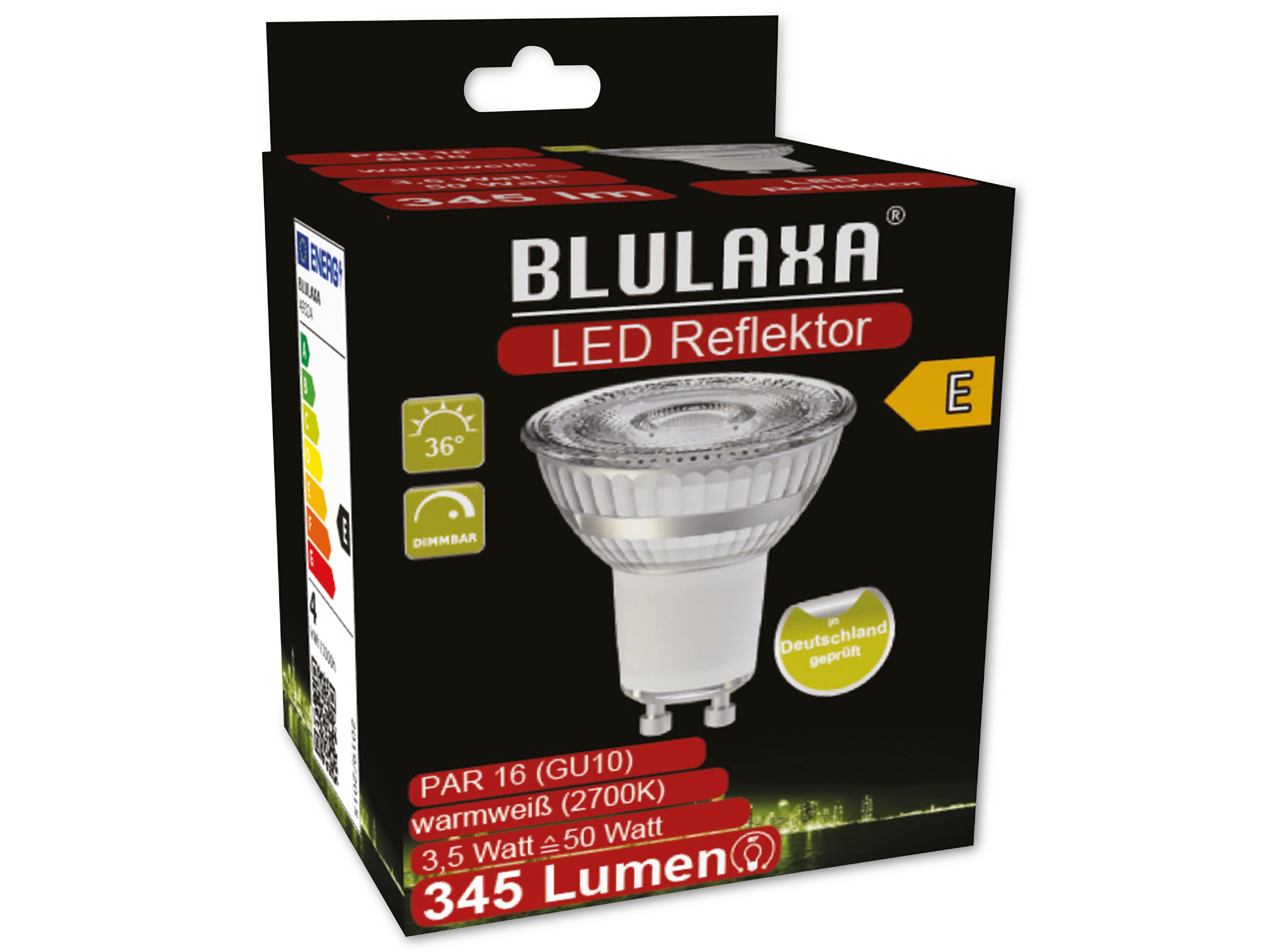 BLULAXA LED-SMD-Lampe, PAR16, GU10, EEK: E, 3,5W, 345lm, 2700K, dim BLULAXA LED-SMD-Lampe, PAR16, GU10, EEK: E, 3,5W, 345lm, 2700K, dim