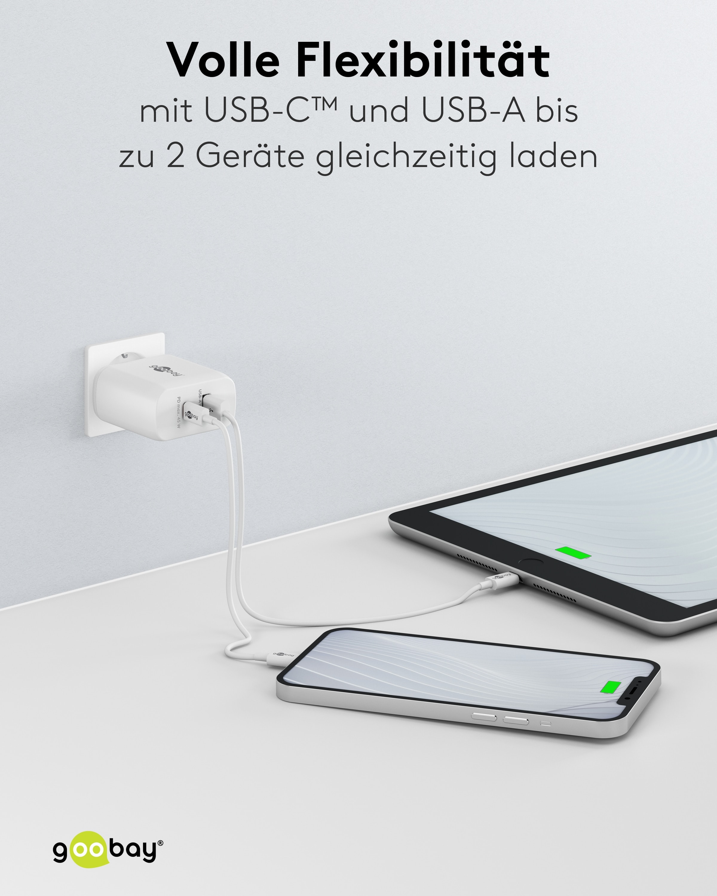GOOBAY USB-Lader 65412, 45 W, 2-fach, 1xC PD, 1xA GaN, weiß GOOBAY USB-Lader 65412, 45 W, 2-fach, 1xC PD, 1xA GaN, weiß