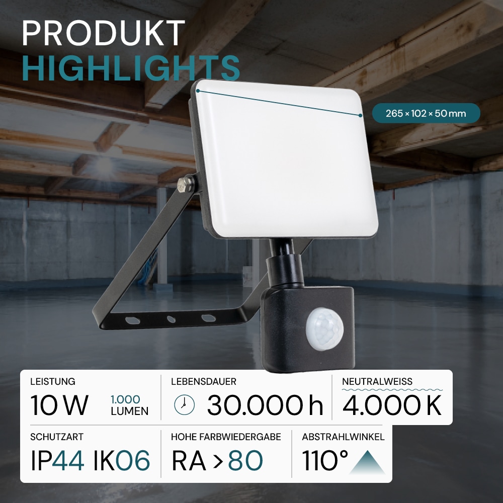 LUXULA LED-Fluter mit Bewegungsmelder, EEK: F, 10W, 1000lm, 4000K, schwarz