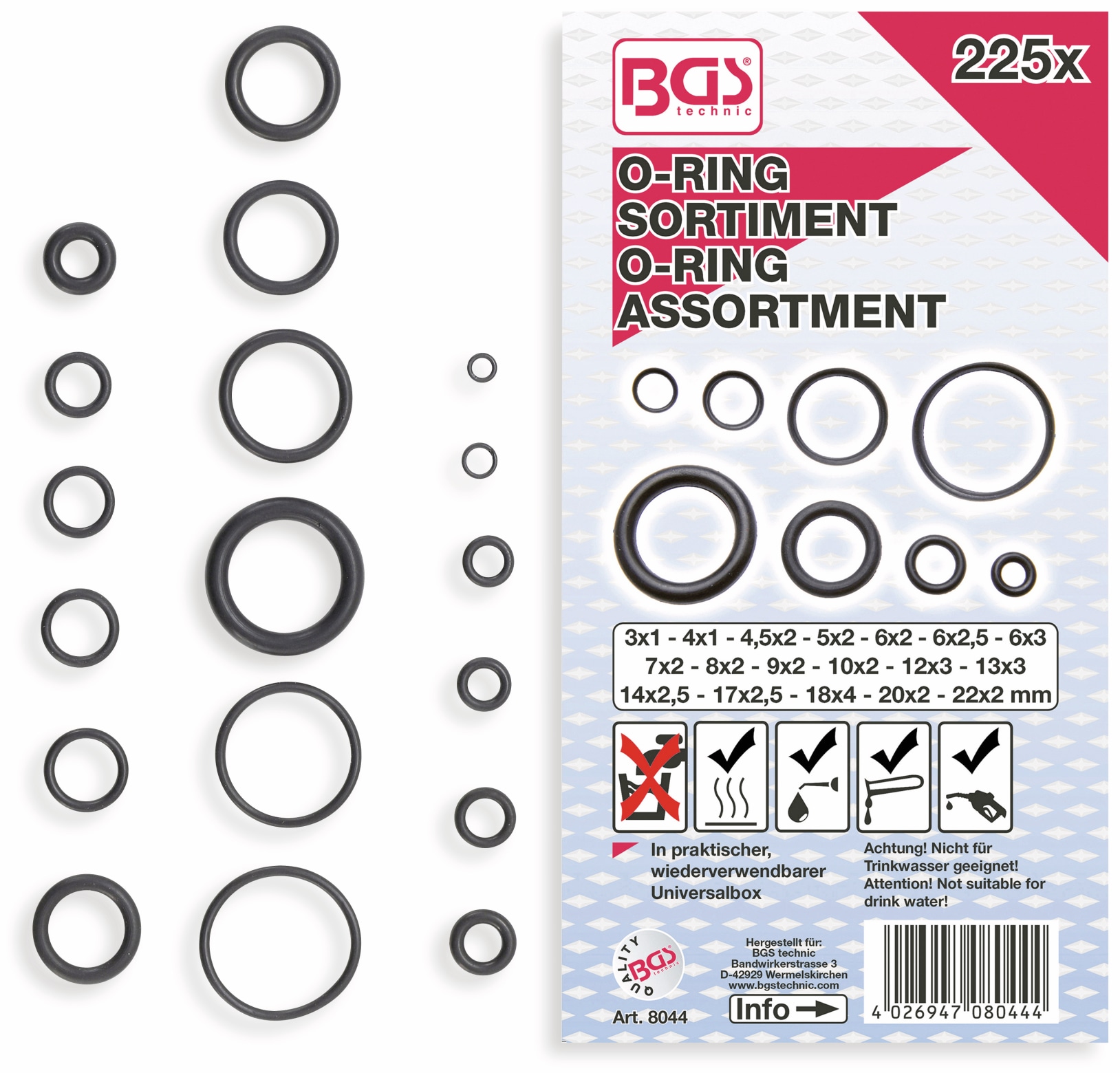 BGS TECHNIC Sort. O-Ring, 8044, Ø3...22 mm, 225-tlg BGS TECHNIC Sort. O-Ring, 8044, Ø3...22 mm, 225-tlg