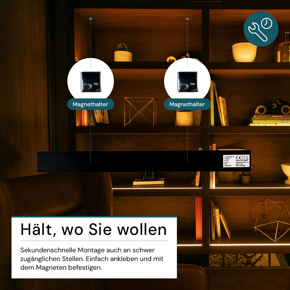 LUXULA LED-Schrankleuchte mit Bewegungsmelder, 3,3W, 1250lm, CCT, IP20, schwarz, 40cm