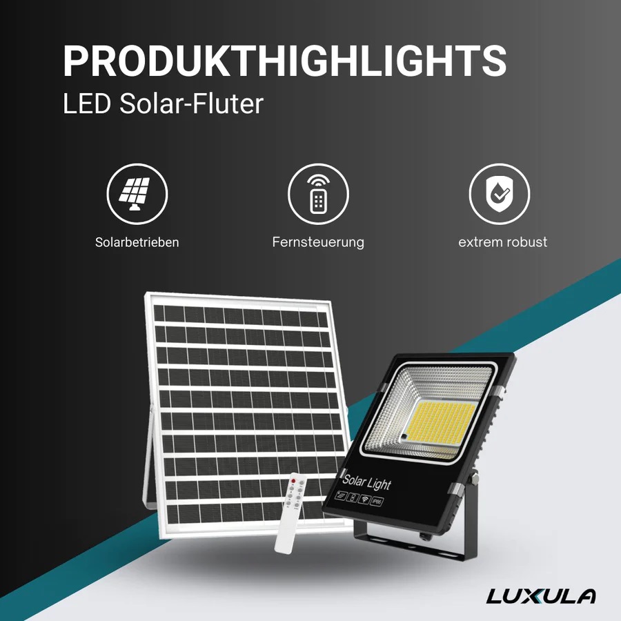 LUXULA Solar LED-Fluter, Akku, 6W PV, Fernbedienung, 6W, 700lm, 6500K LUXULA Solar LED-Fluter, Akku, 6W PV, Fernbedienung, 50W, 700lm, 6500K