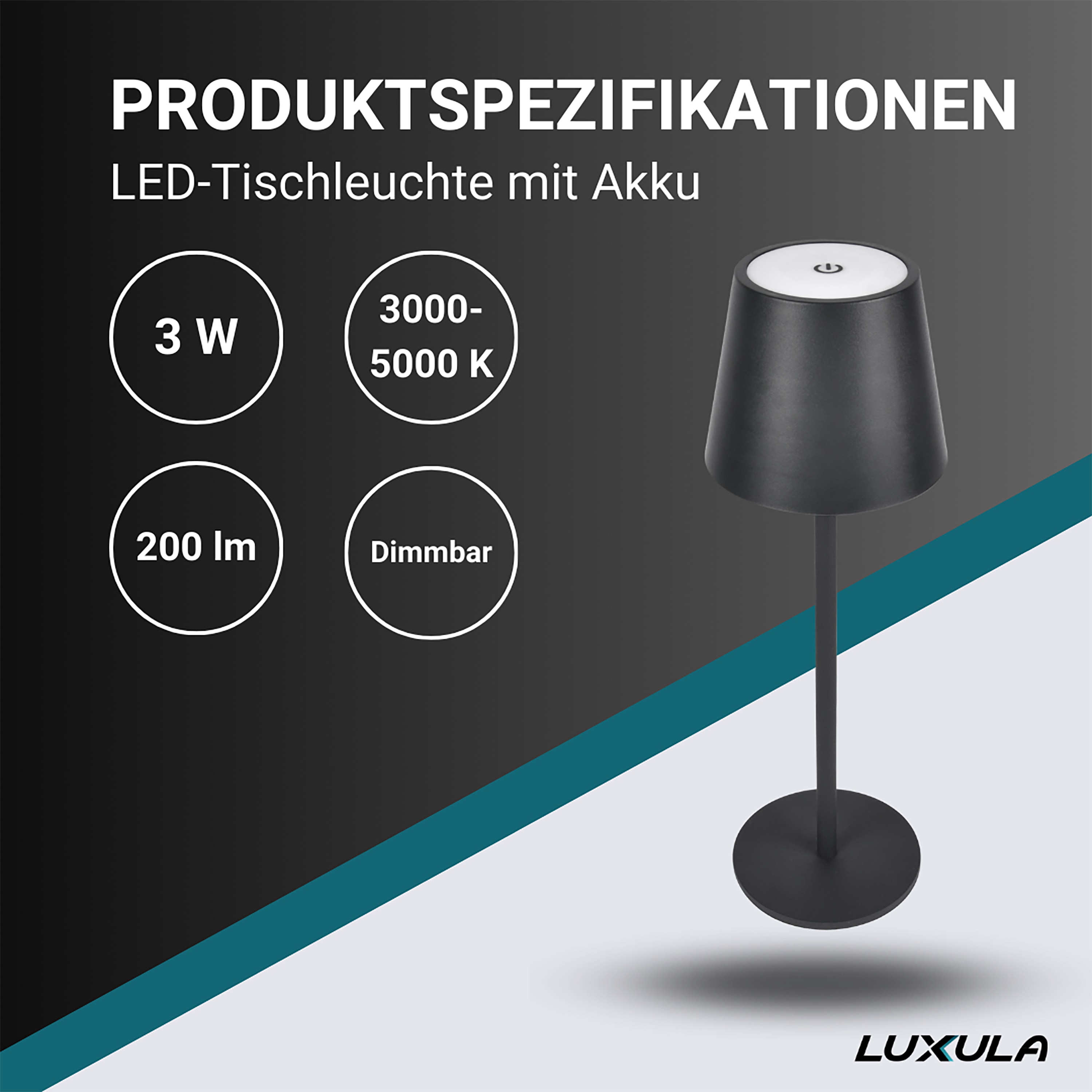 LUXULA LED-Akku-Tischleuchte LX700160, 3W, 200lm, Dimm- und CCT-Funktion