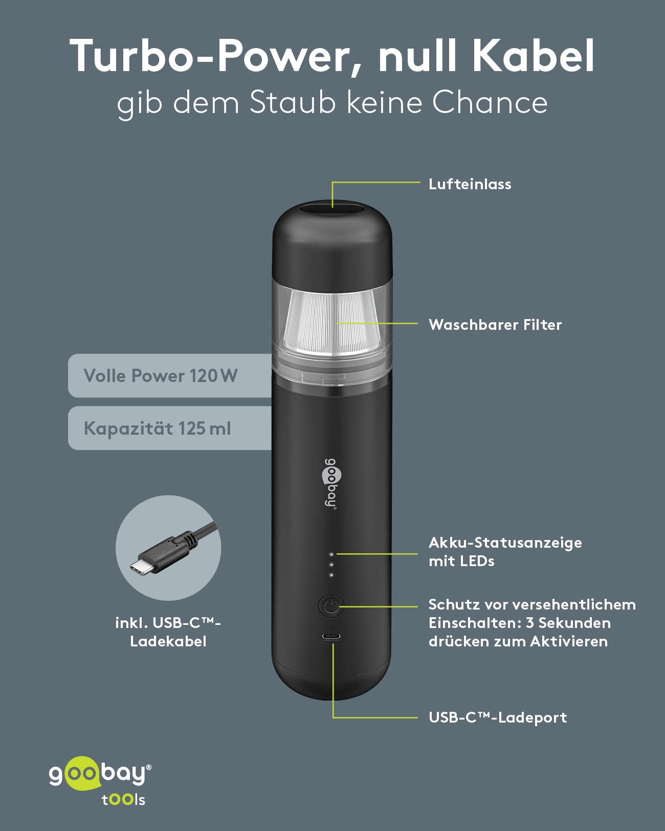 GOOBAY TOOLS Akku-Handstaubsauger, 120 W, mit 10 Aufsätzen, schwarz GOOBAY TOOLS Akku-Handstaubsauger, 120 W, mit 10 Aufsätzen, schwarz