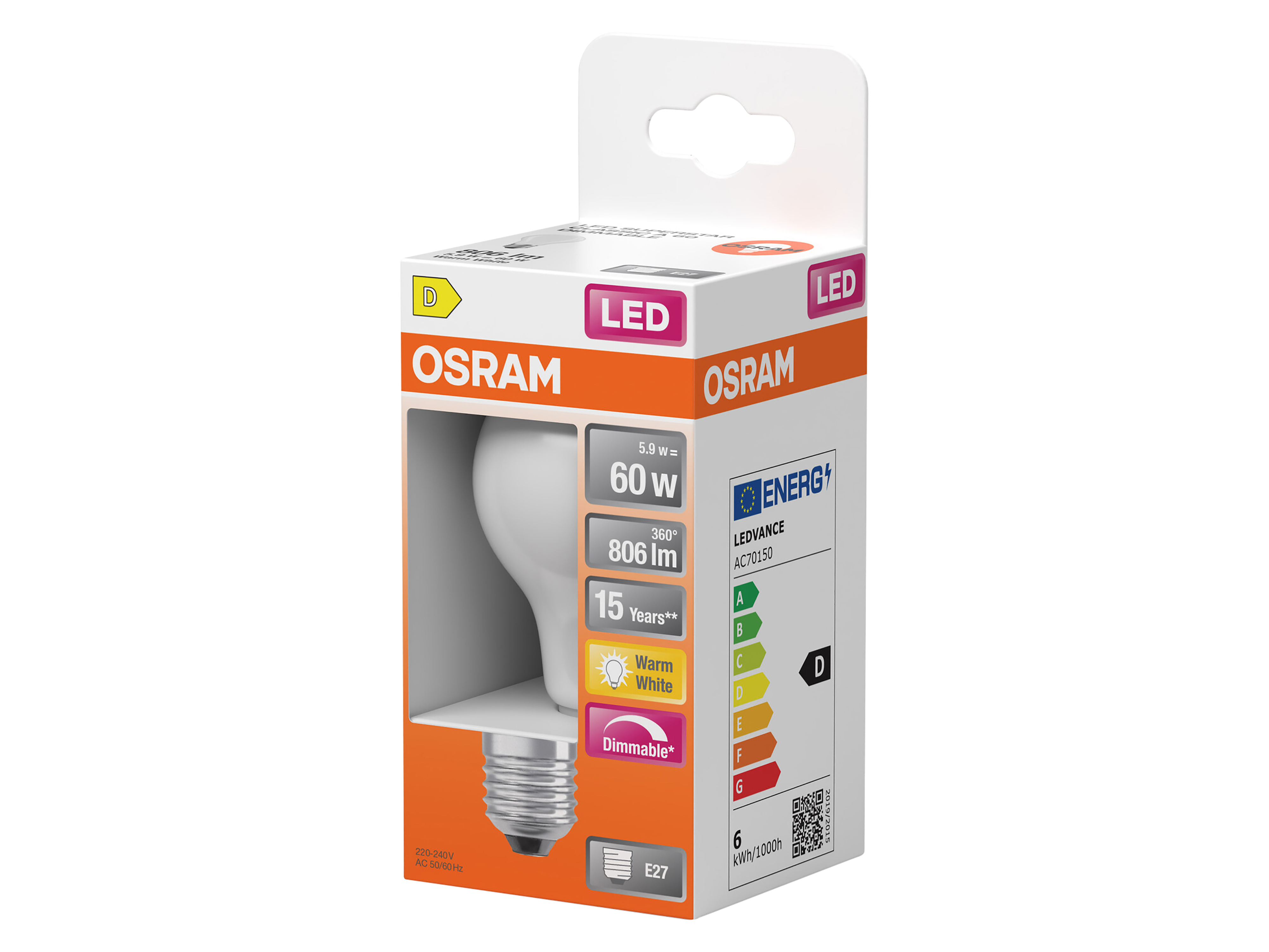 OSRAM LED-Lampe, dimmbar, E27, 5,9 W, 2700 K, EEK: D, 806 lm, IP20, warmweiß