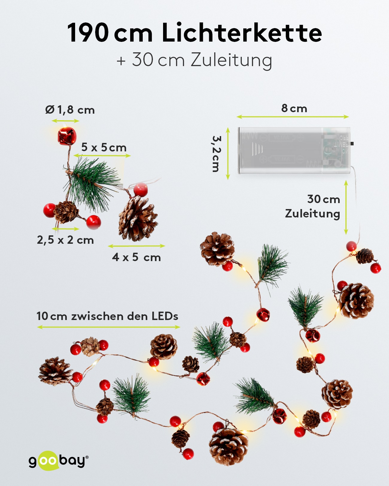 GOOBAY LED-Lichterkette "Tannenzapfen", Silberdraht, Timer, 20 LEDs, 220 cm