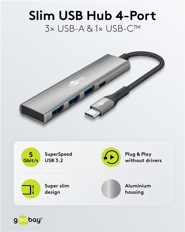 GOOBAY USB-C Hub 76562 Slim 4 Port USB-C auf USB-C/USB-A 5 Gbit/s GOOBAY USB-C Hub 76562 Slim 4 Port USB-C auf USB-C/USB-A 5 Gbit/s