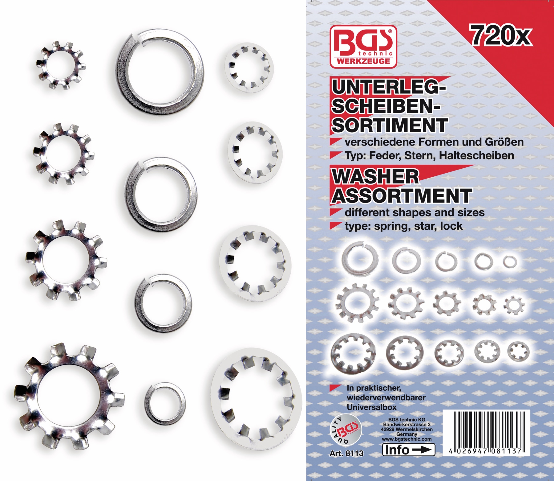 BGS TECHNIC Sort. Unterlegscheiben, 8113, 720-tlg