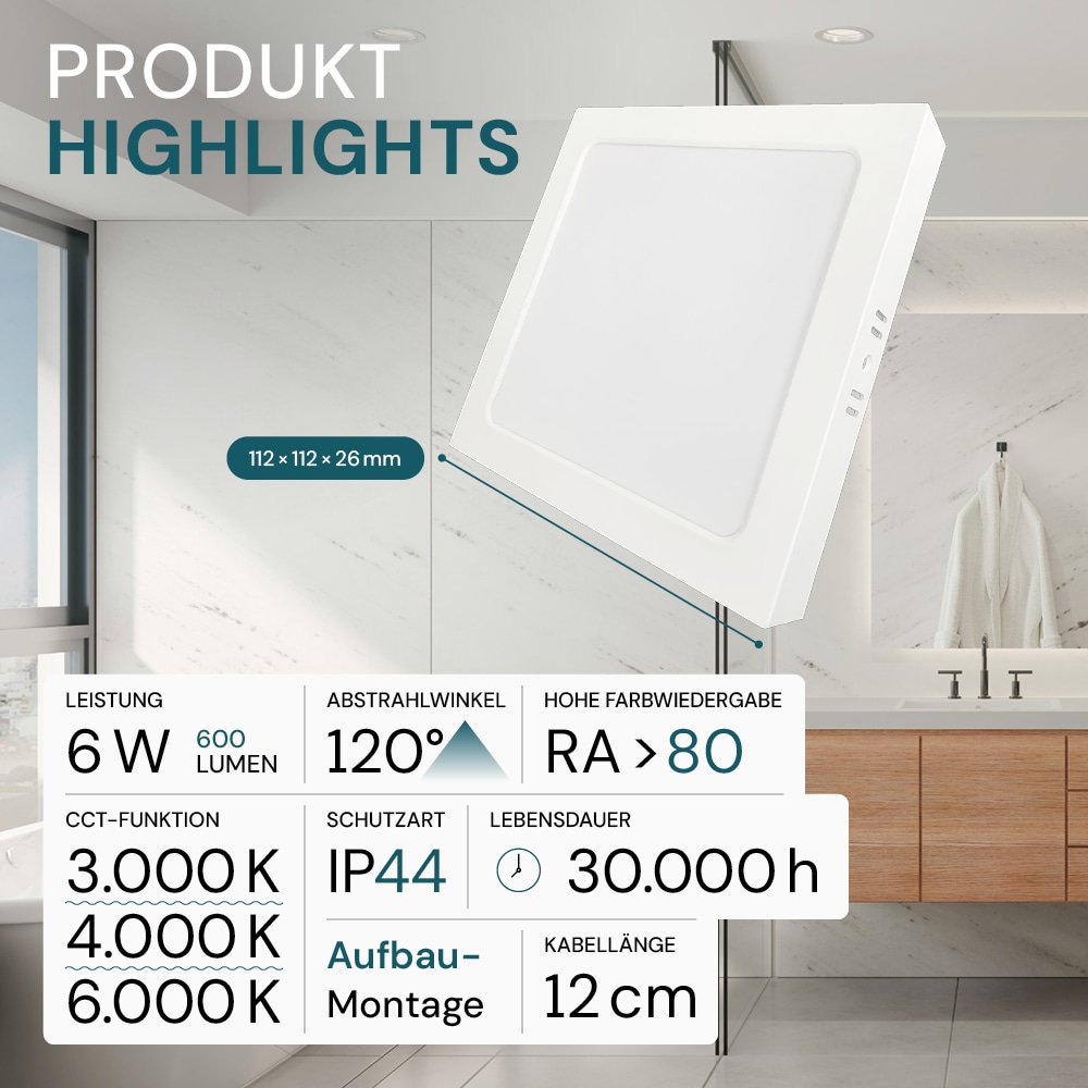 LUXULA LED-Deckenleuchte, 6W, EEK: F, 600lm, CCT, IP44, quadrat, weiß
