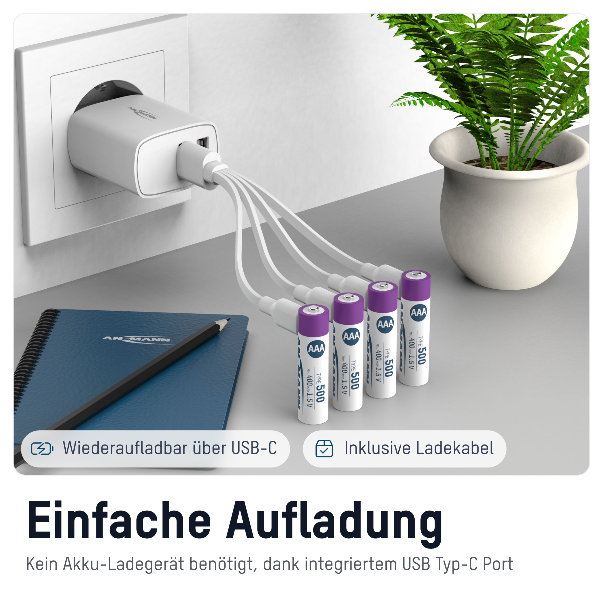 ANSMANN Li-Ion Micro-Akku, AAA, Typ 500 (min. 400mAh), 4 Stück ANSMANN Li-Ion Micro-Akku, AAA, Typ 500 (min. 400mAh), 4 Stück