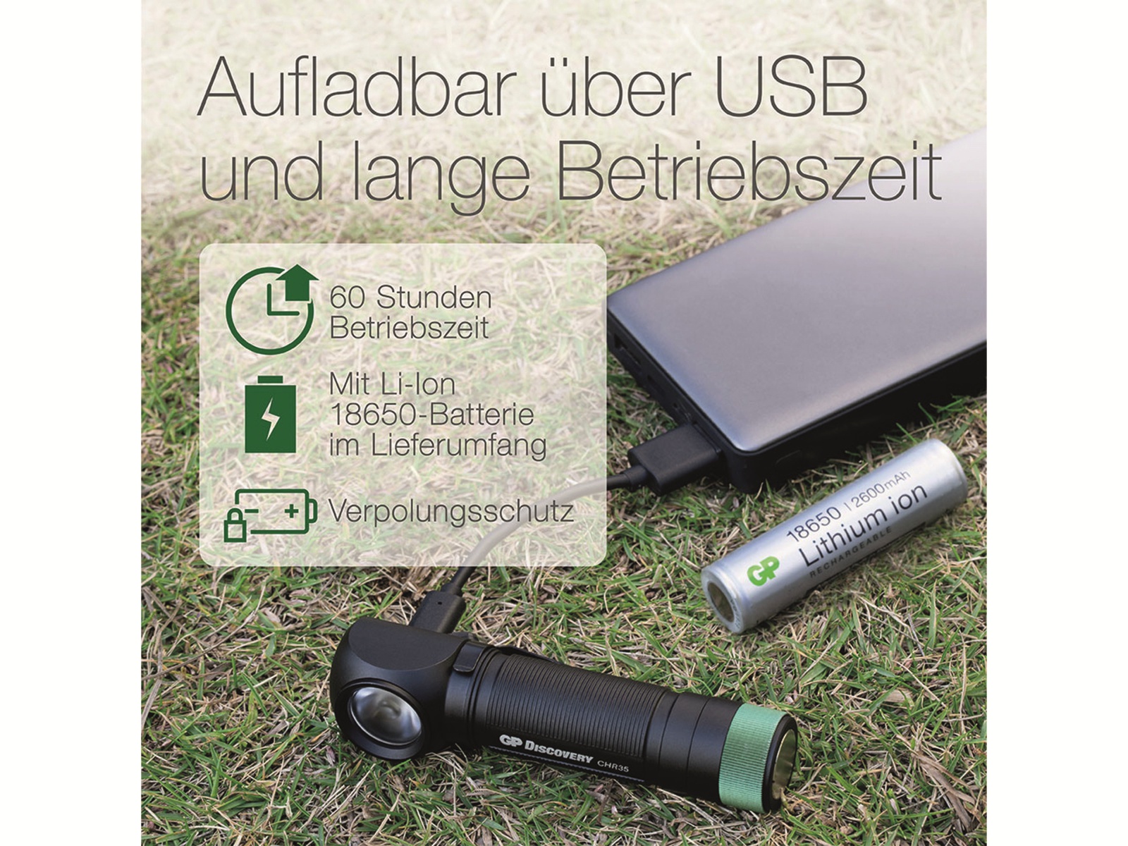 GP LED-Stirnlampe Discovery CH35, 600 lm, inkl. Li-Ion Akku 18650