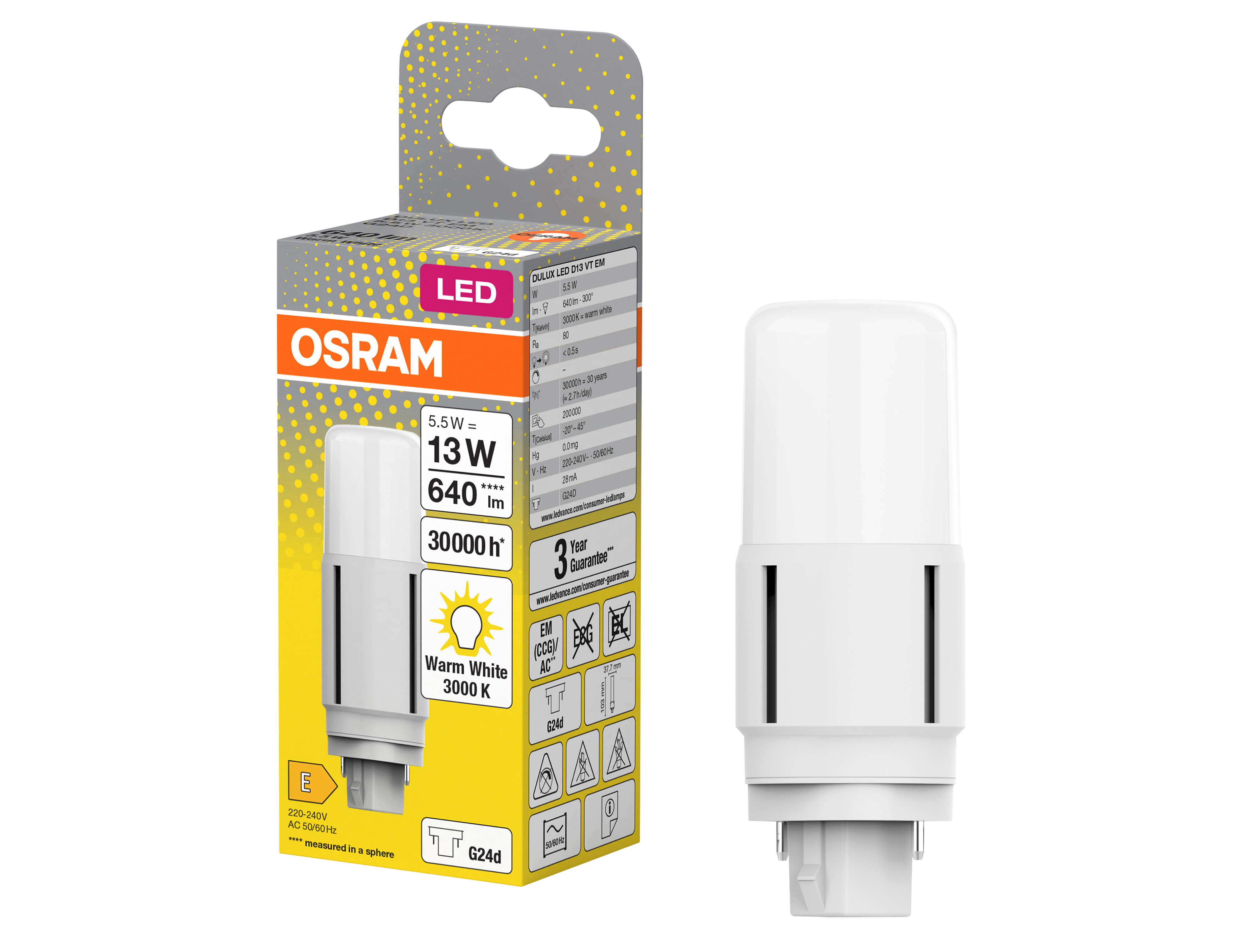 OSRAM LED-Lampe, Dulux D13, G24d, EEK: E, 5,5W, 640lm, 3000K OSRAM LED-Lampe, Dulux D13, G24d, EEK: E, 5,5W, 640lm, 3000K