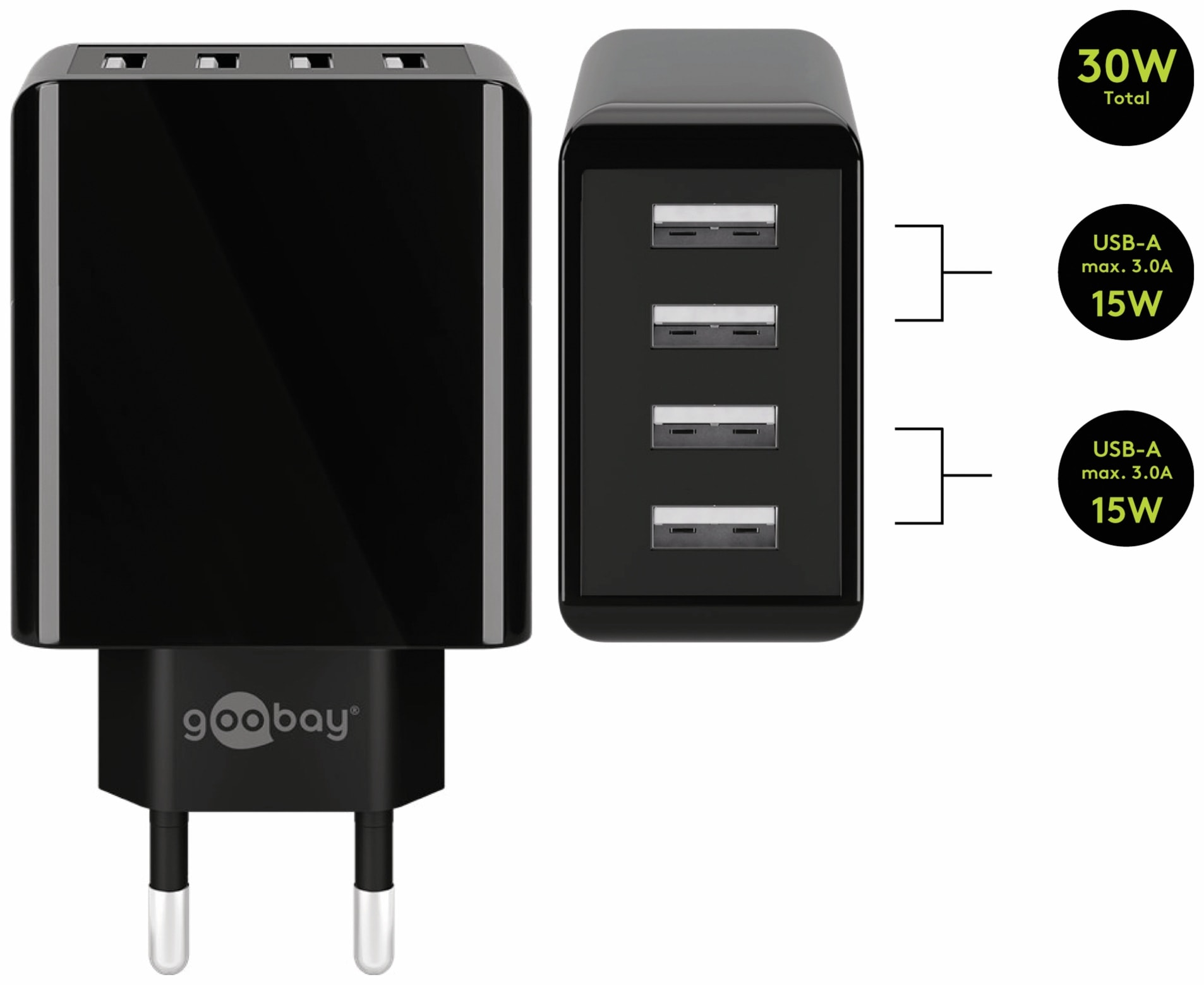 GOOBAY USB-Lader 44953, 4-fach, 3 A, 30 W, schwarz GOOBAY USB-Lader 44953, 4-fach, 3 A, 30 W, schwarz