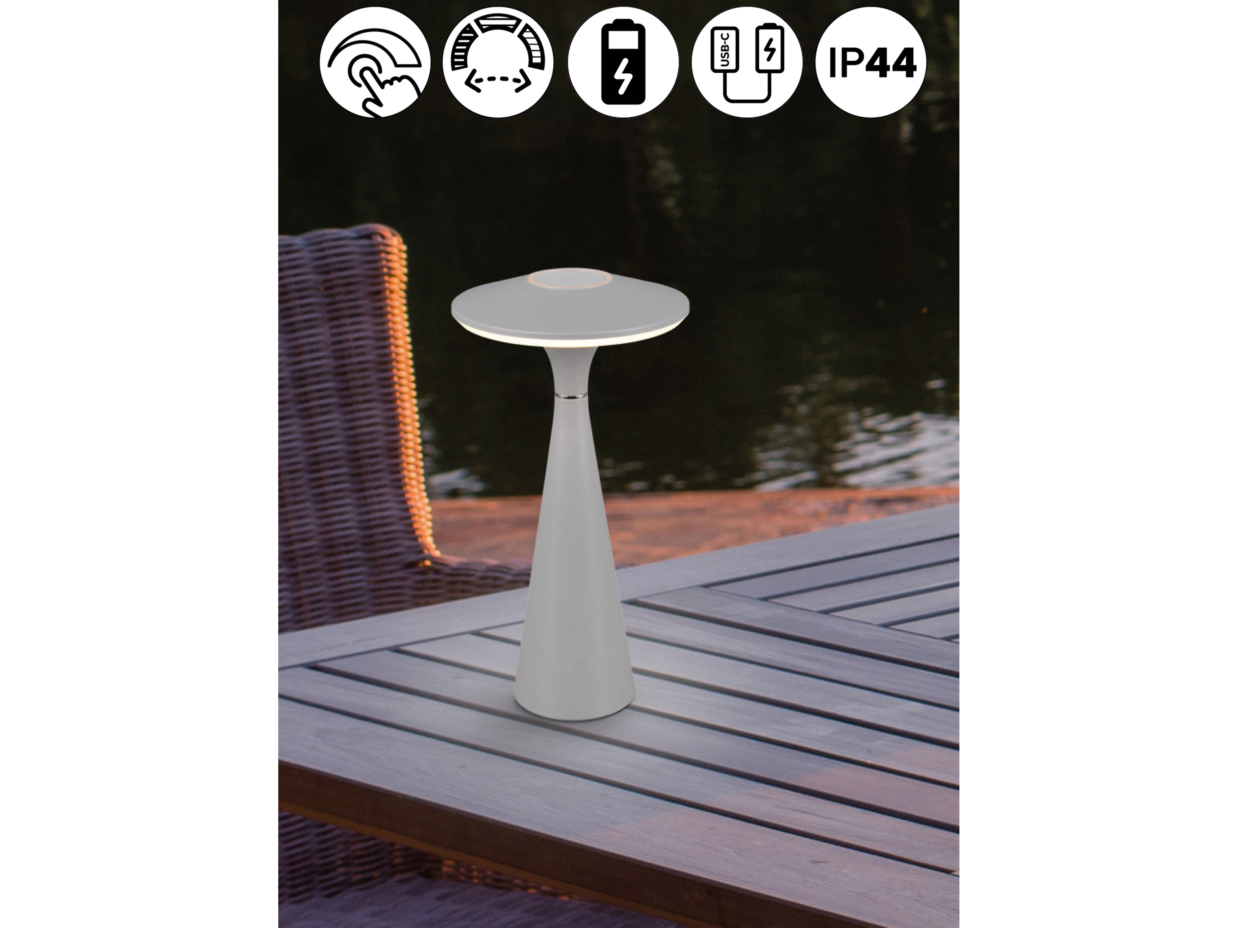 REALITY LED-Akku-Tischleuchte TORREZ, R57726177, grau, IP 44, 2 W, 180 lm REALITY LED-Akku-Tischleuchte TORREZ, R57726177, grau, IP 44, 2 W, 180 lm
