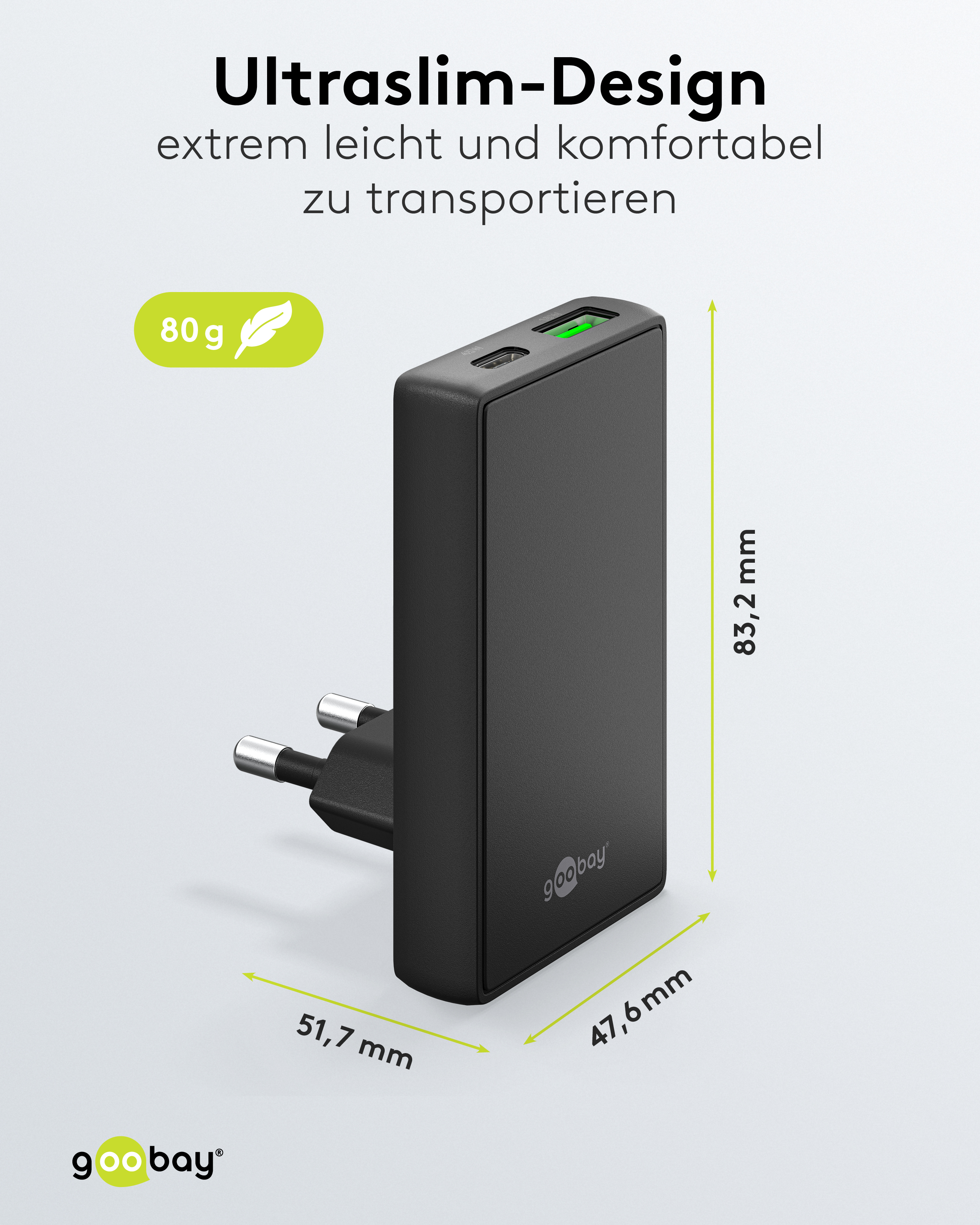 GOOBAY Dual-Schnellladegerät, 45W, 1x USB-C, 1x USB-A, 90° abgewickelt, flach, schwarz GOOBAY Dual-Schnellladegerät, 45W, 1x USB-C, 1x USB-A, 90° abgewickelt, flach, schwarz