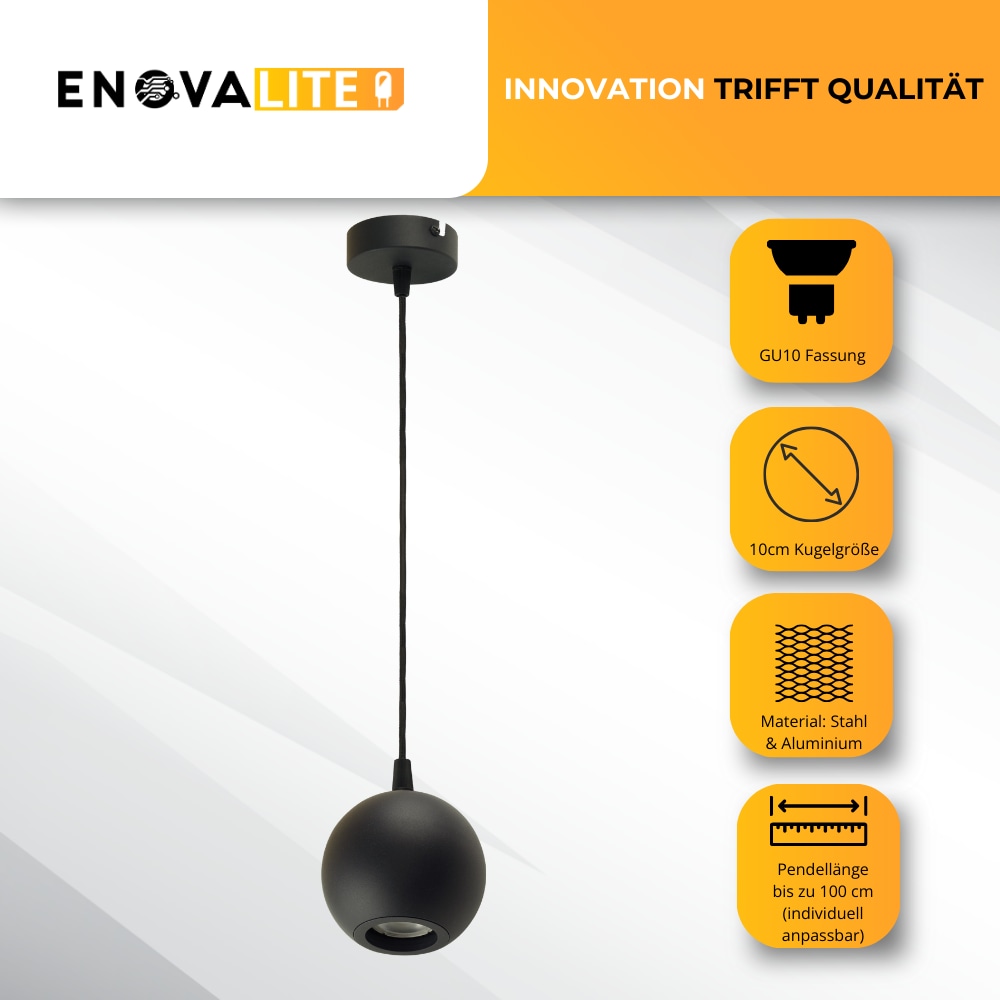 ENOVALITE LED-Pendellampe GLOBE, GU10-Fassung, IP20, Ø10cm, 1flammig, schwarz ENOVALITE LED-Pendellampe GLOBE, GU10-Fassung, IP20, Ø10cm, 1flammig, schwarz