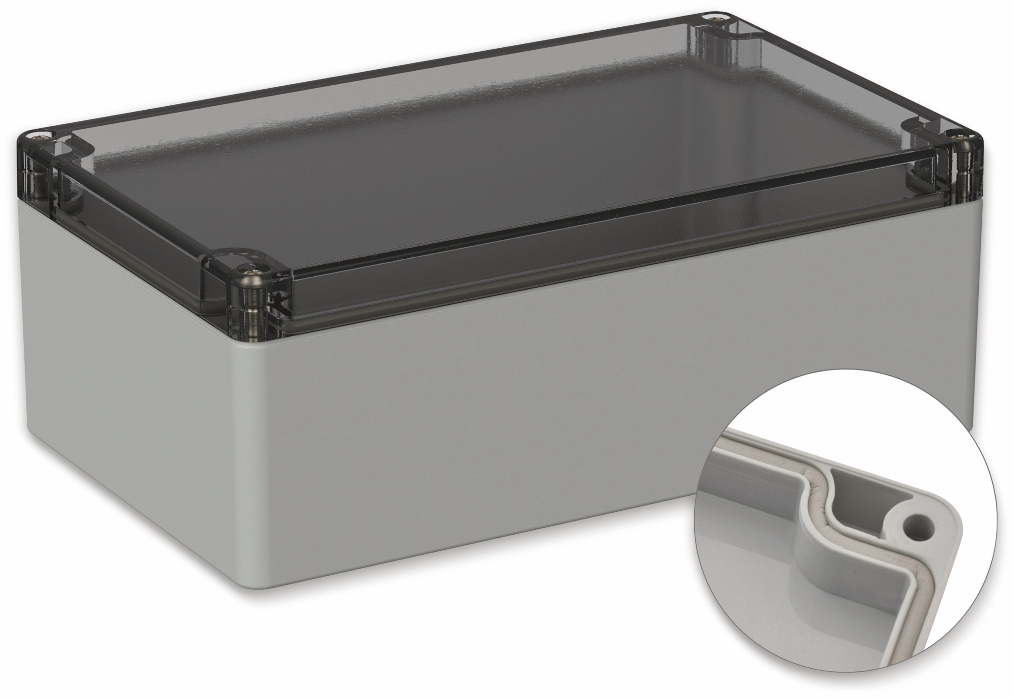 POLLIN, Polycarbonat Gehäuse, 200 x 120 x 75 mm, IP66, Lichtgrau, Glasklarer Deckel POLLIN, Polycarbonat Gehäuse, 200 x 120 x 75 mm, IP66, Lichtgrau, Glasklarer Deckel