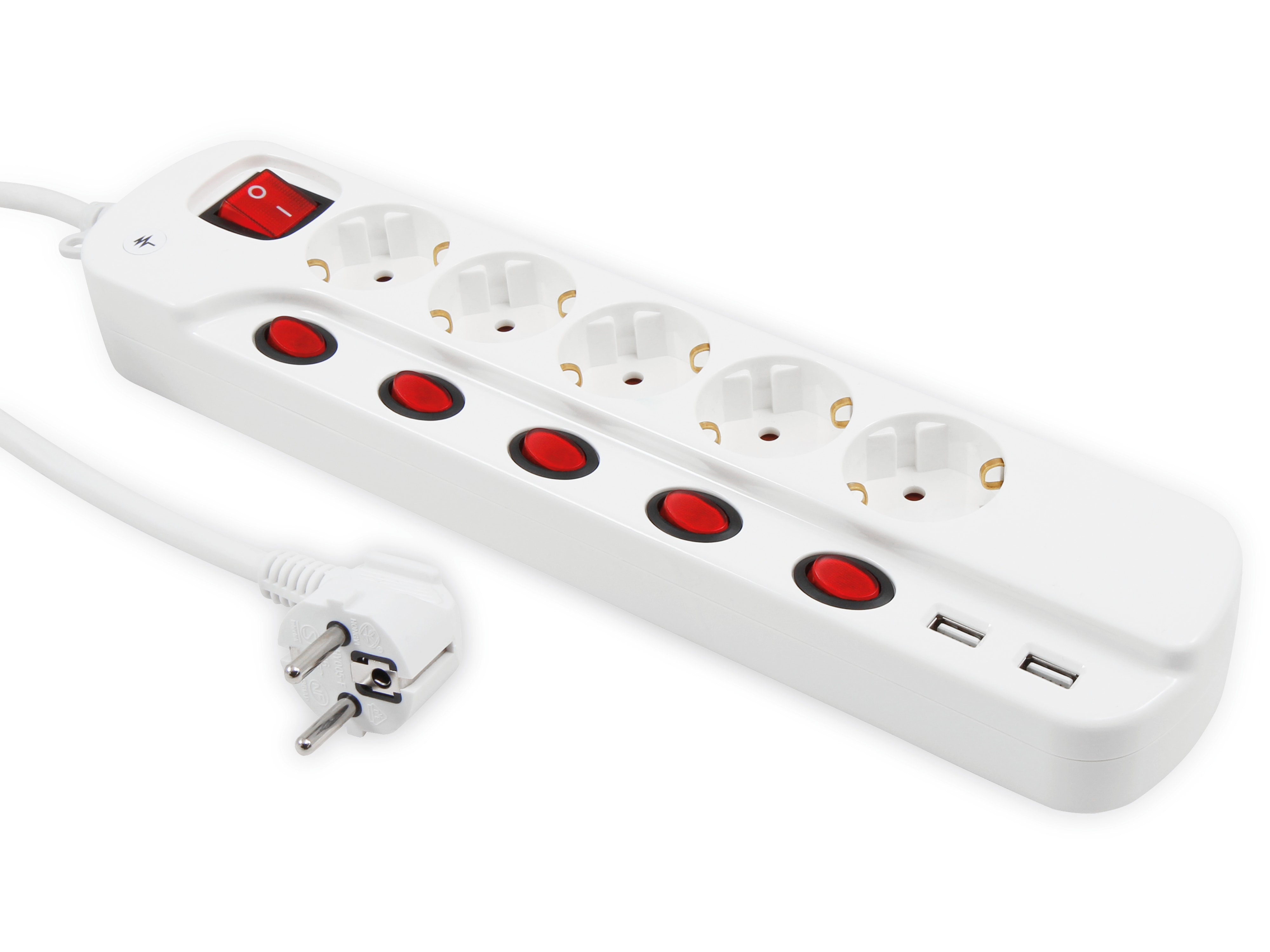 MCPOWER Steckdosenleiste, 5-fach, 2xUSB, Einzelschaltung, 1,5 m Zuleitung, weiß MCPOWER Steckdosenleiste, 5-fach, 2xUSB, Einzelschaltung, 1,5 m Zuleitung, weiß